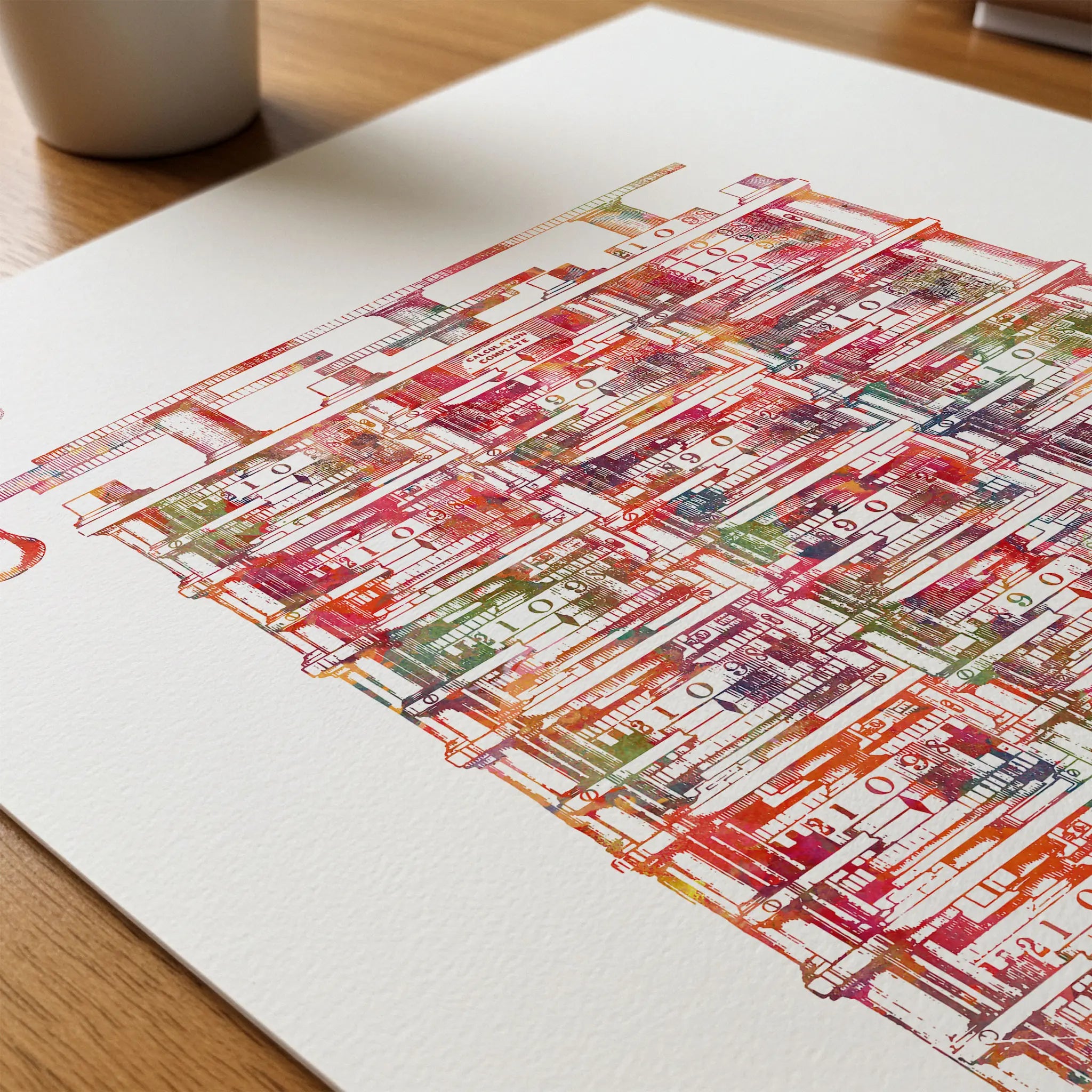 Close-up of babbage analytical engine watercolor print showing paper texture and grain