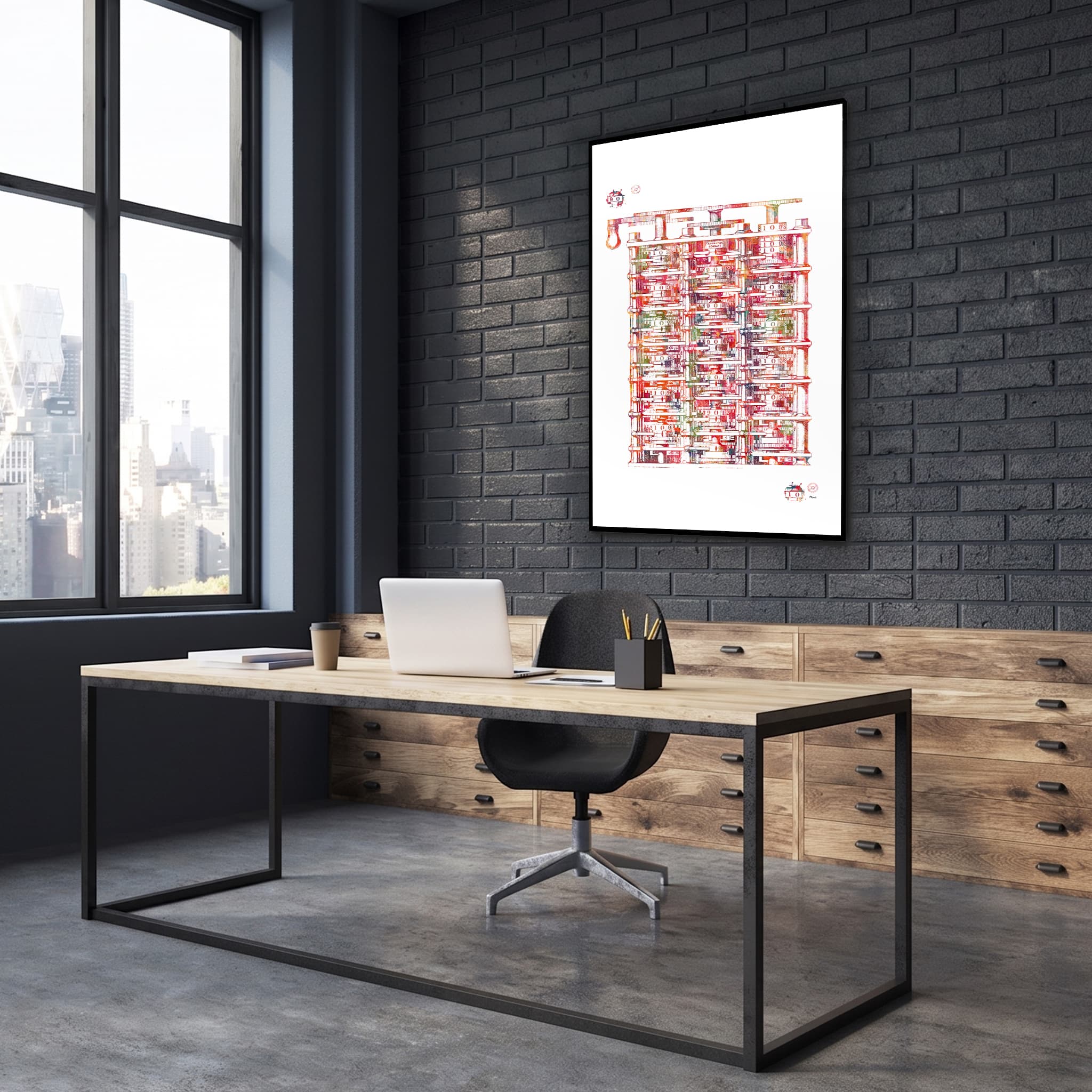 Framed babbage analytical engine watercolor print in a technology office