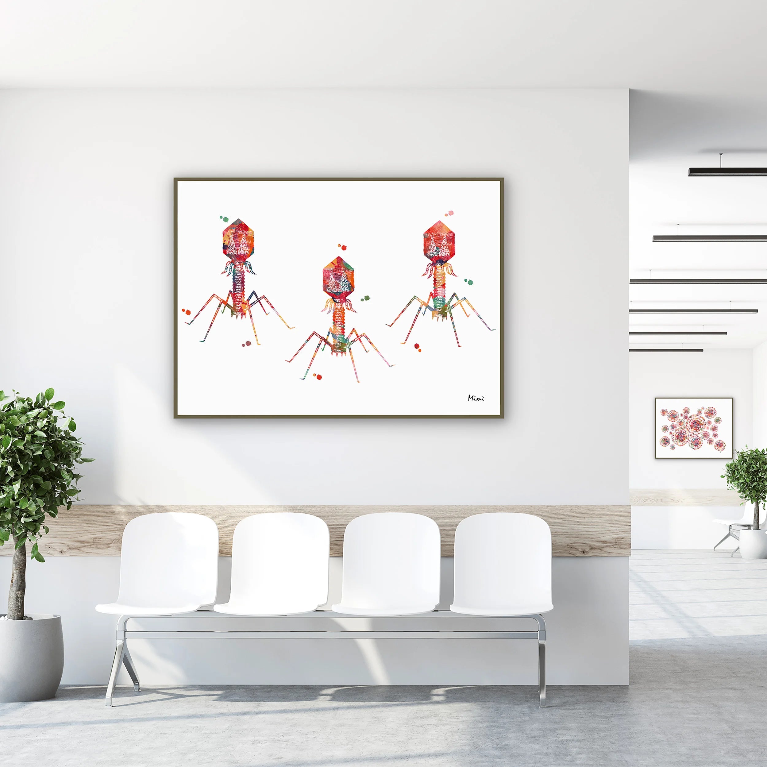 Framed bacteriophage bacterial virus watercolor print in a clinic waiting room