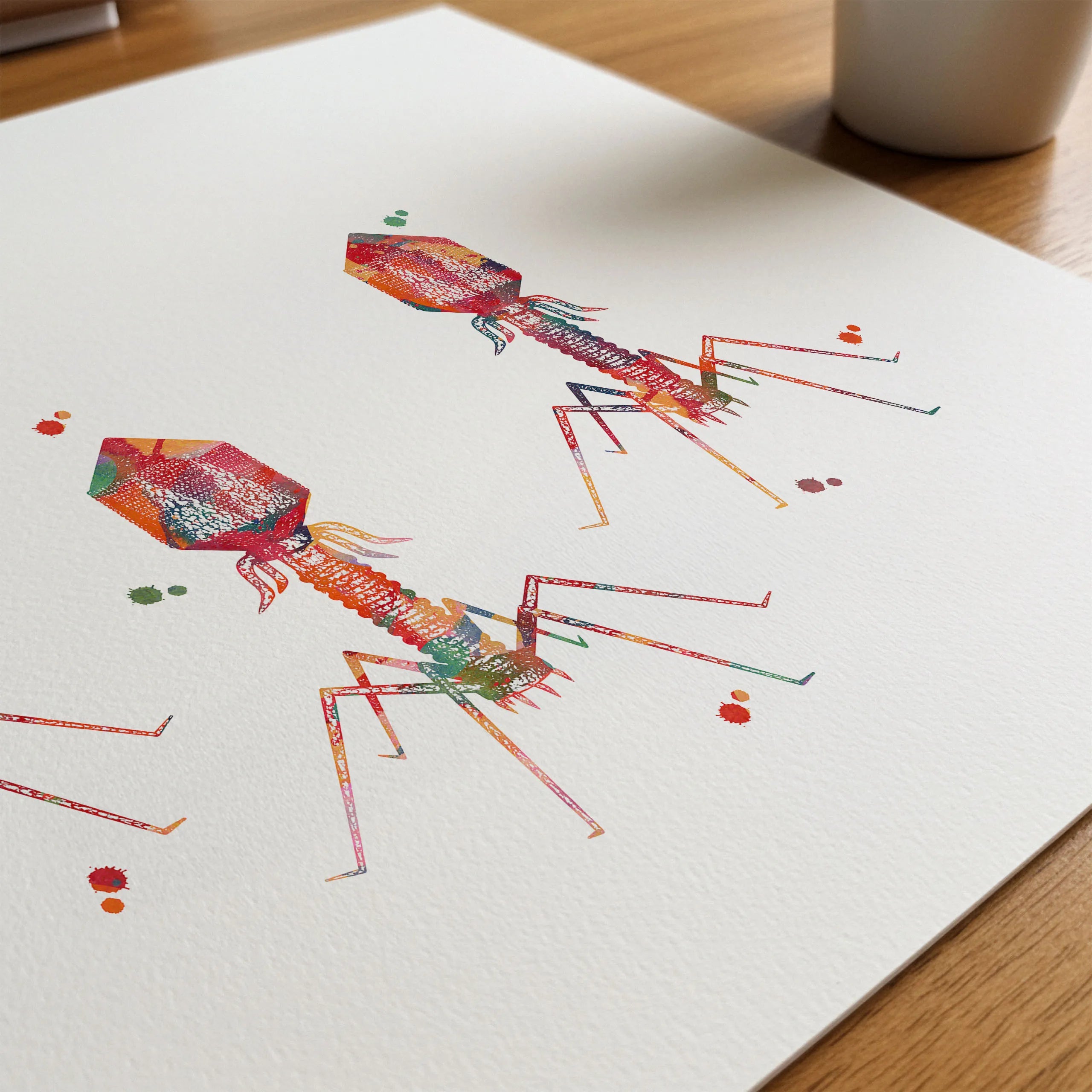 Close-up of bacteriophage bacterial virus watercolor print showing paper texture and grain