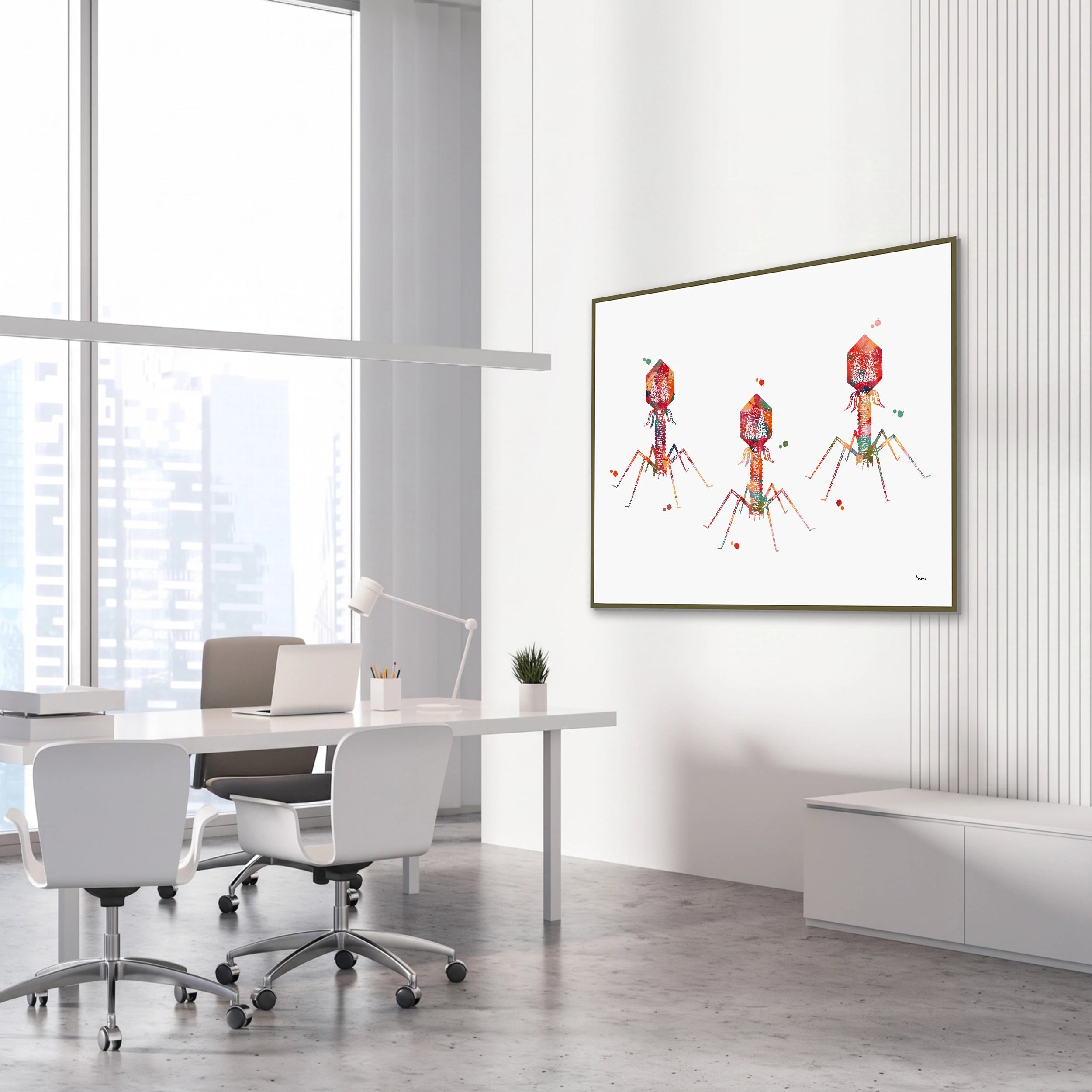 Framed bacteriophage bacterial virus watercolor print in a science laboratory office