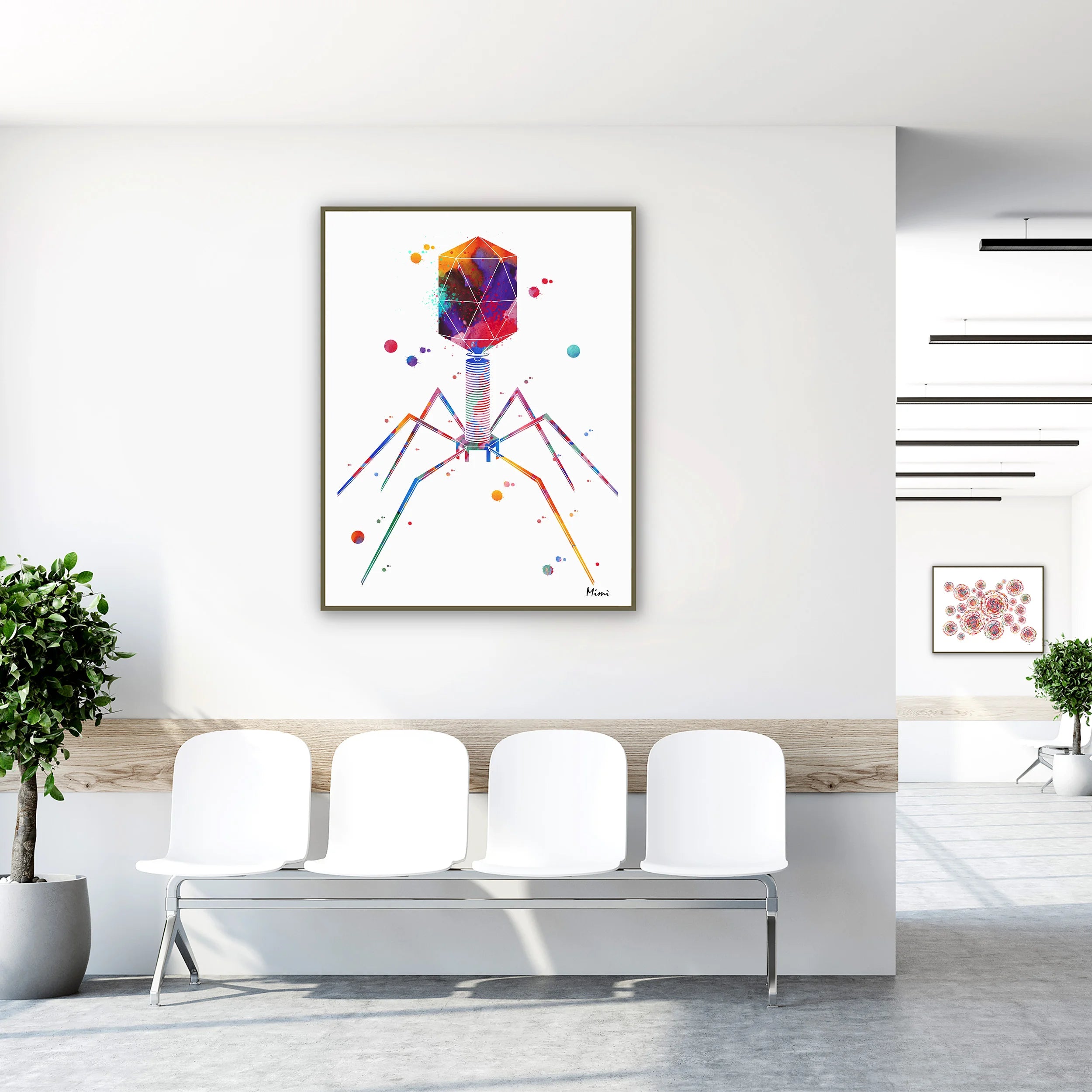 Framed bacteriophage watercolor print in a clinic waiting room