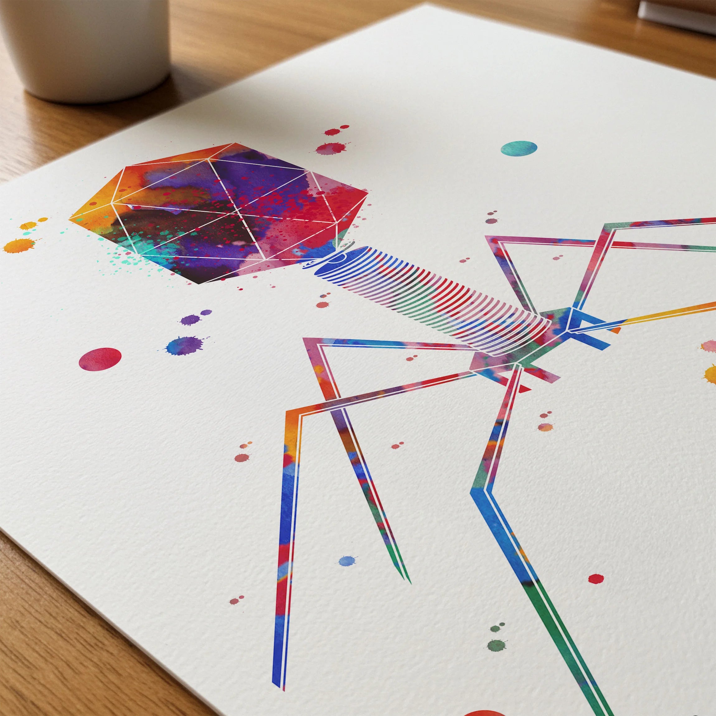 Close-up of bacteriophage watercolor print showing paper texture and grain