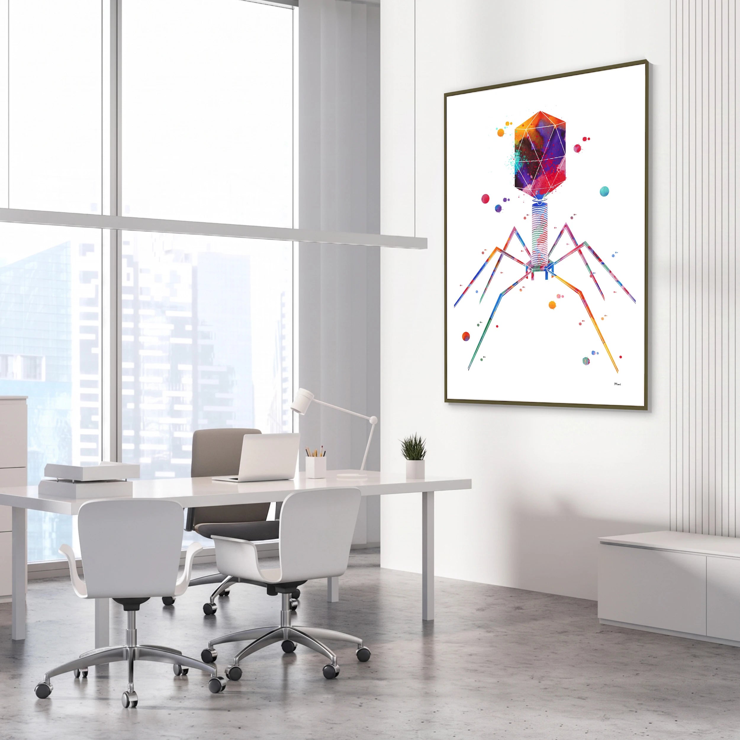 Framed bacteriophage watercolor print in a science laboratory office