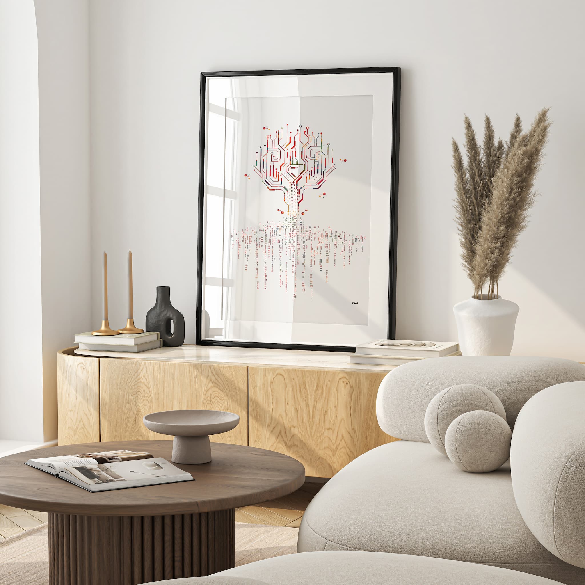 Framed binary code tree watercolor print in a warm living room