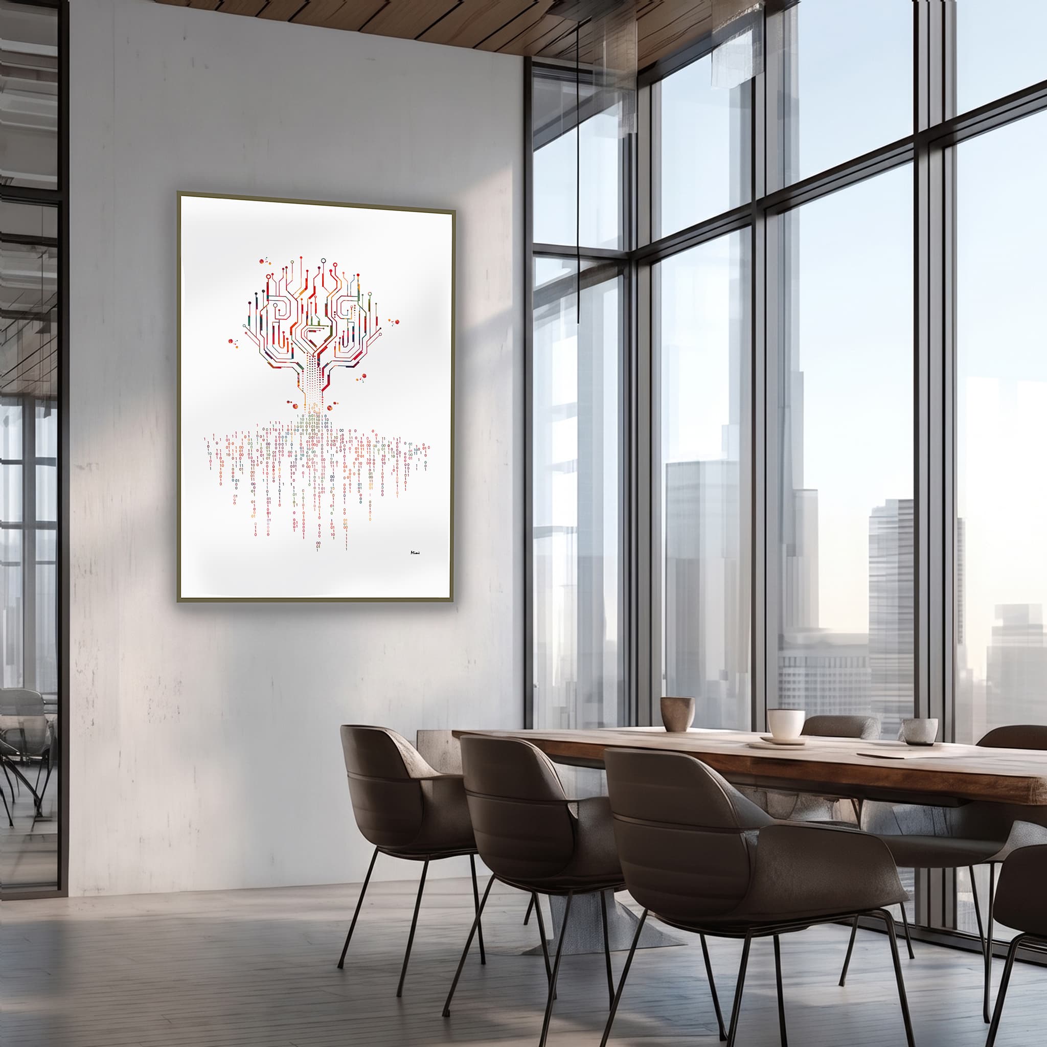 Framed binary code tree watercolor print in a meeting room