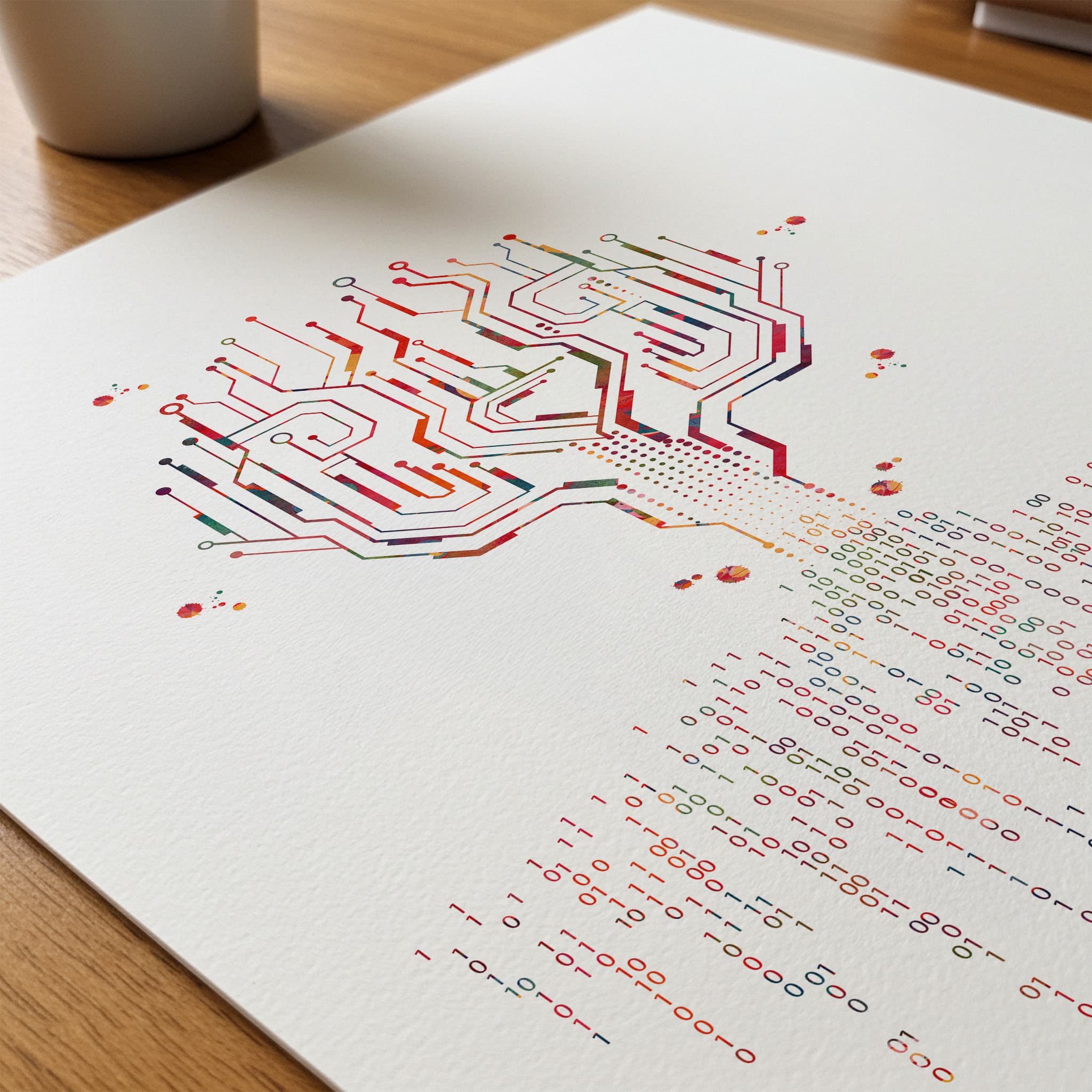 Close-up of binary code tree watercolor print showing paper texture and grain