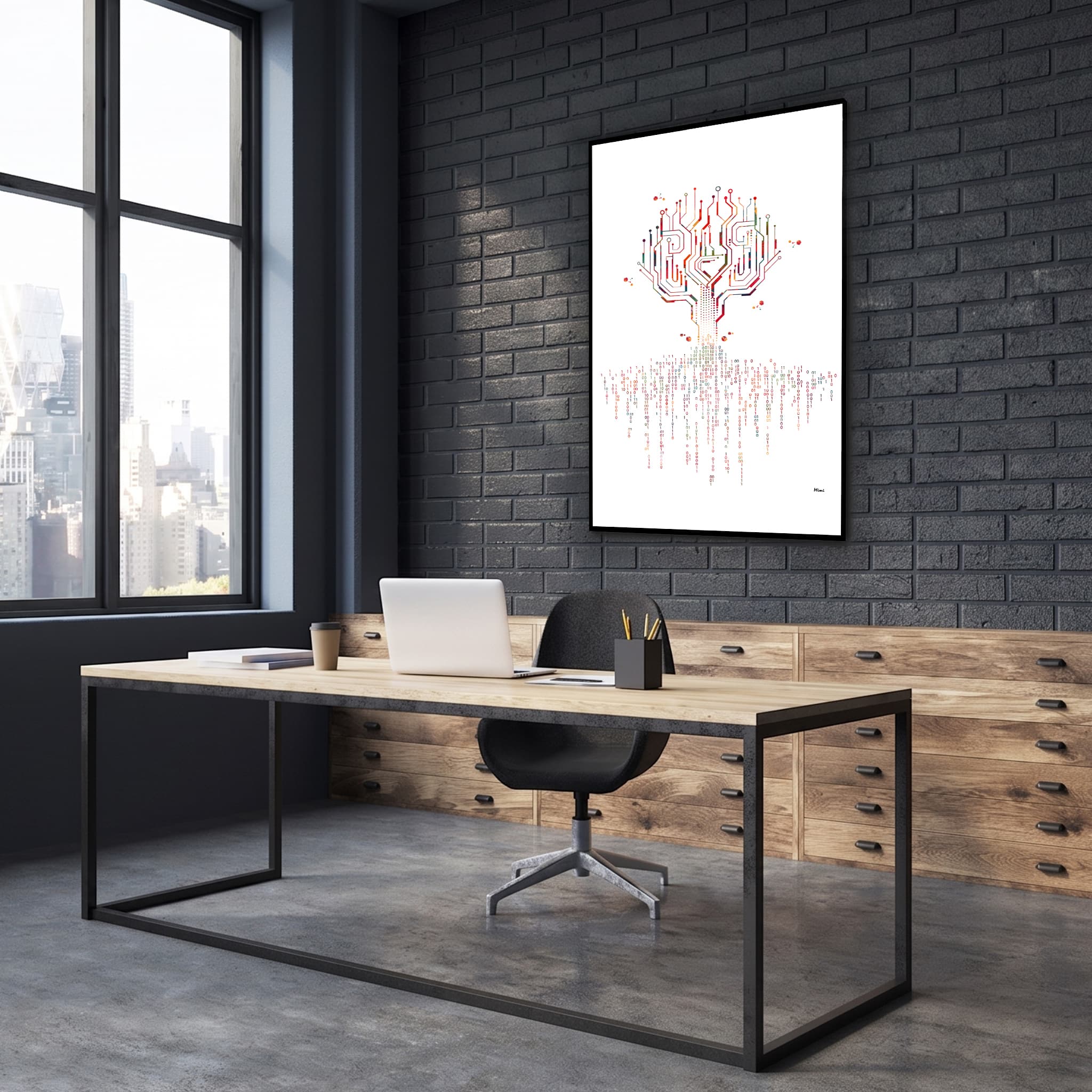 Framed binary code tree watercolor print in a technology office