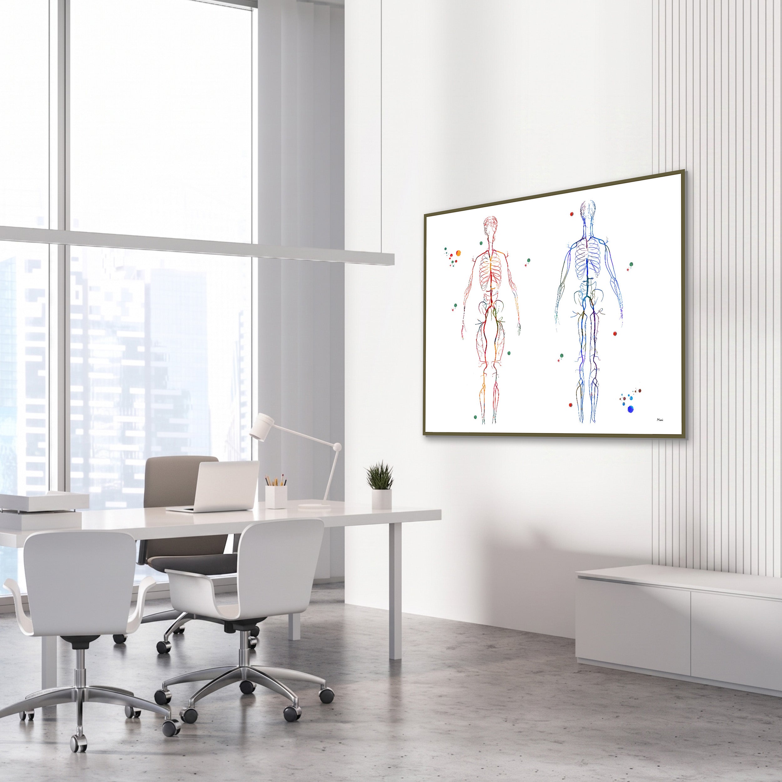Framed body systems arteries and veins watercolor print in a vascular clinic