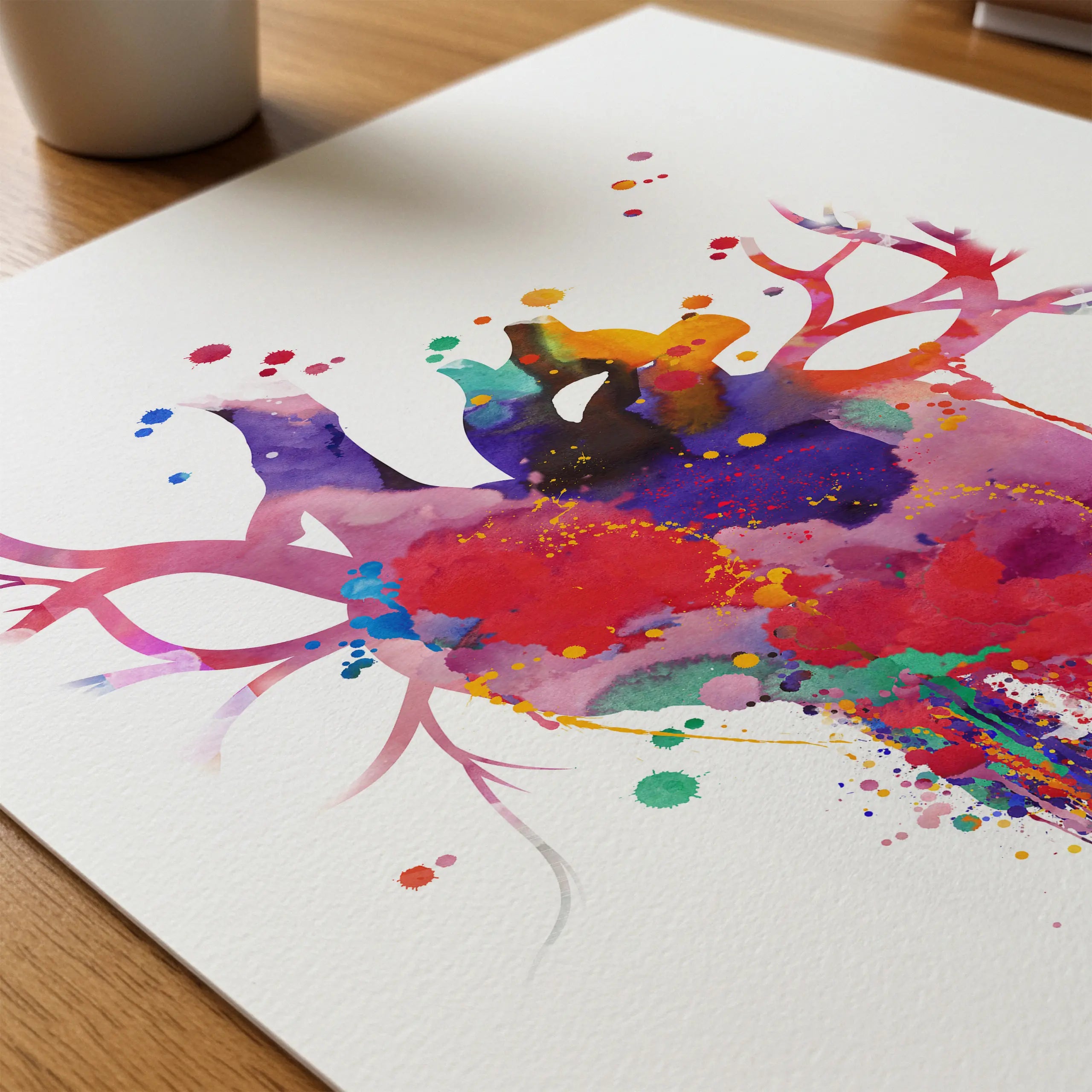 Close-up of bold modern anatomical heart watercolor print showing paper texture and grain