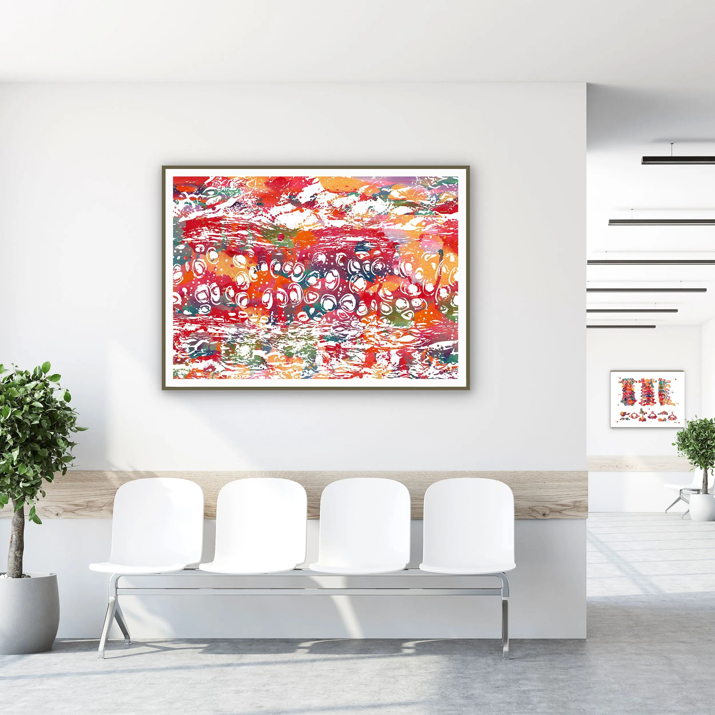 Framed bone & cartilage histology watercolor print in a clinic waiting room