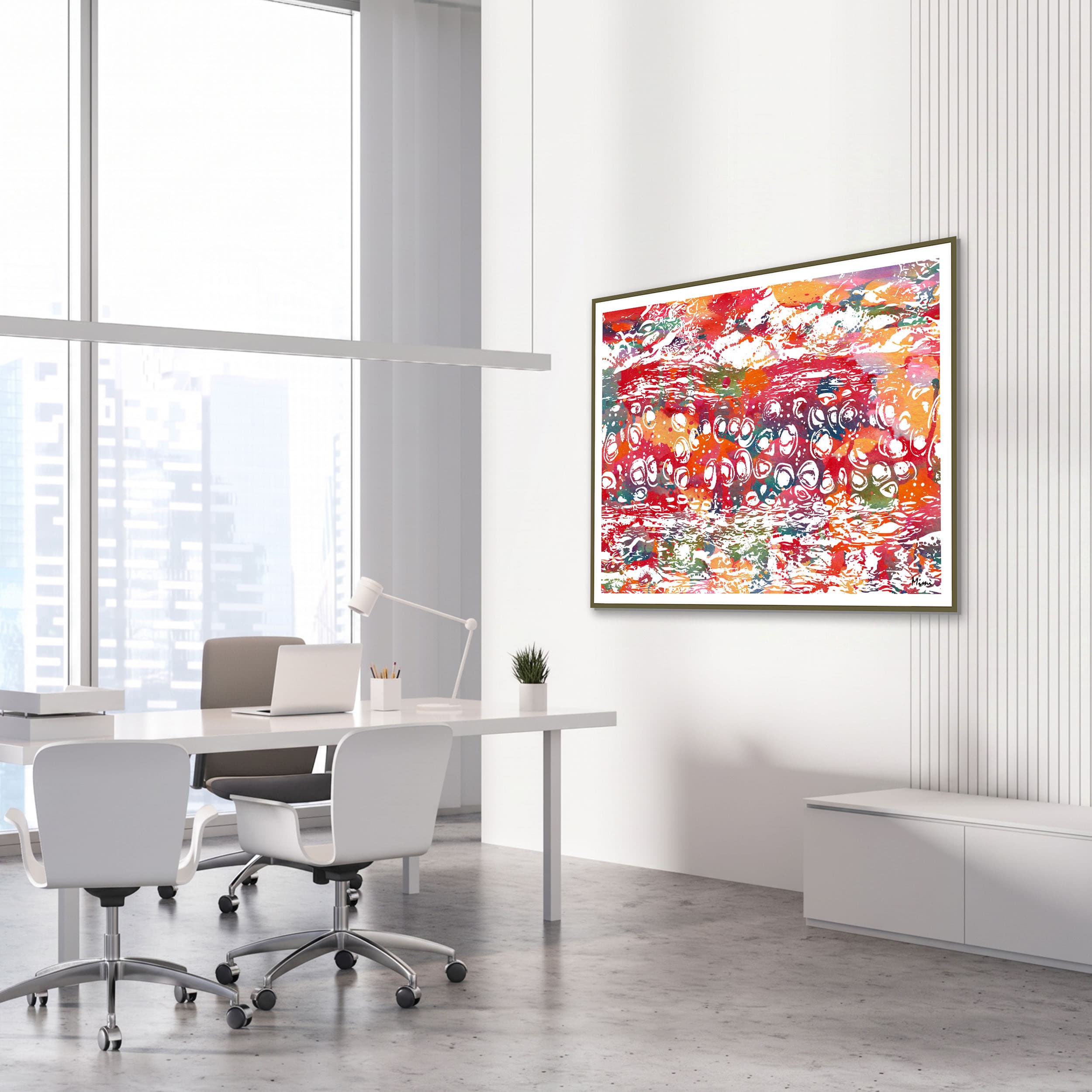 Framed bone & cartilage histology watercolor print in an orthopedic clinic