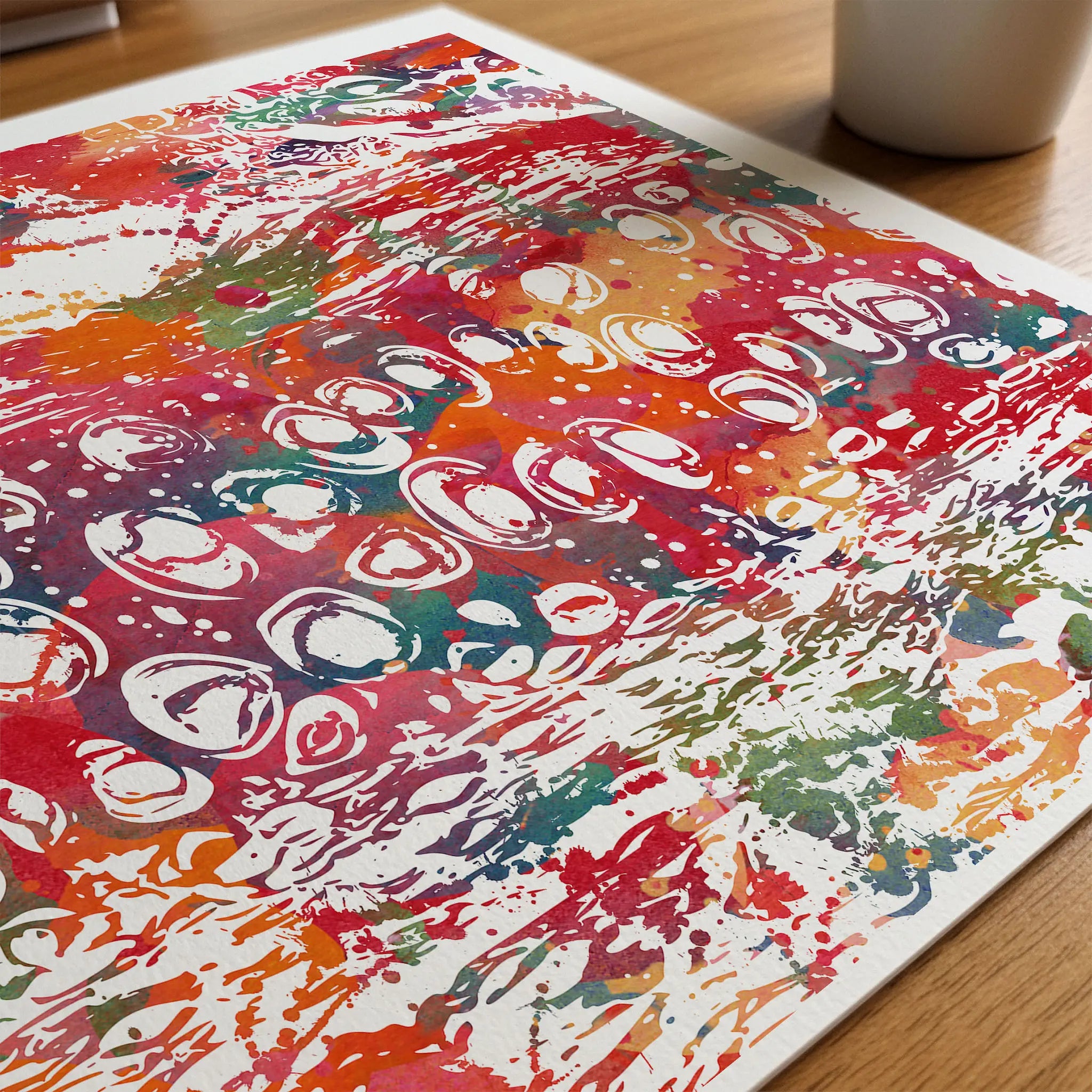 Close-up of bone & cartilage histology watercolor print showing paper texture and grain