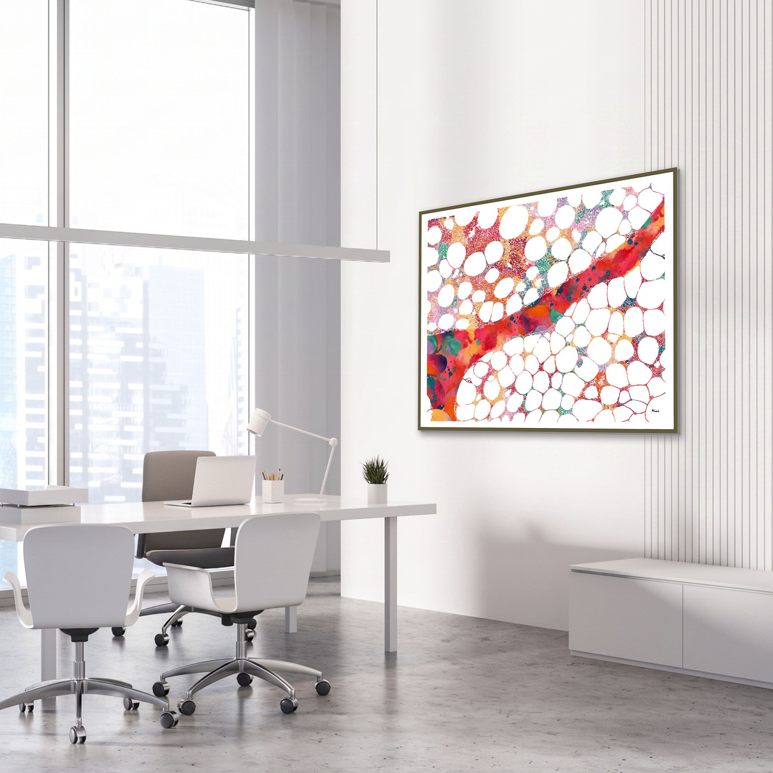 Framed bone marrow histology watercolor print in an orthopedic clinic
