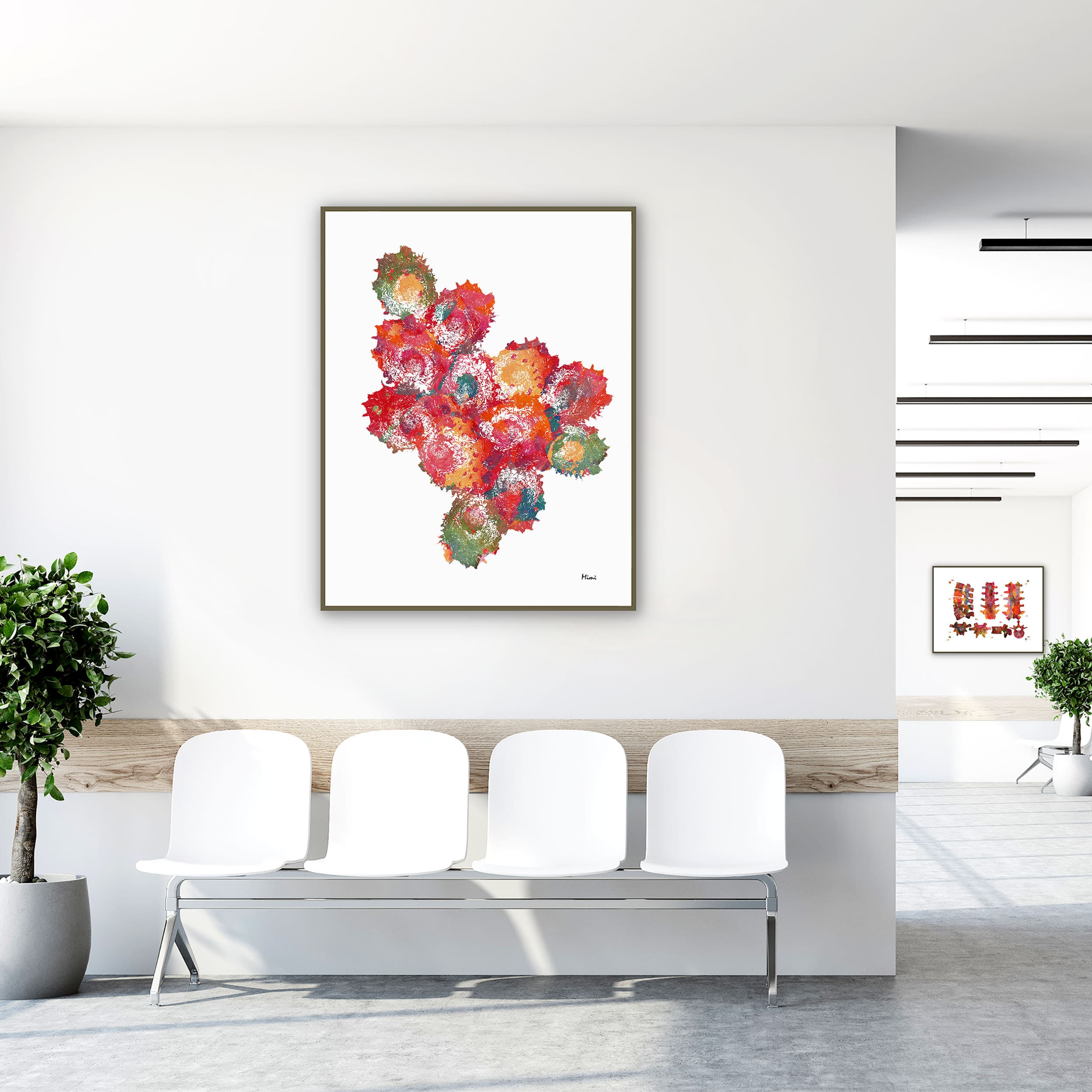 Framed bone tissue histology watercolor print in a clinic waiting room