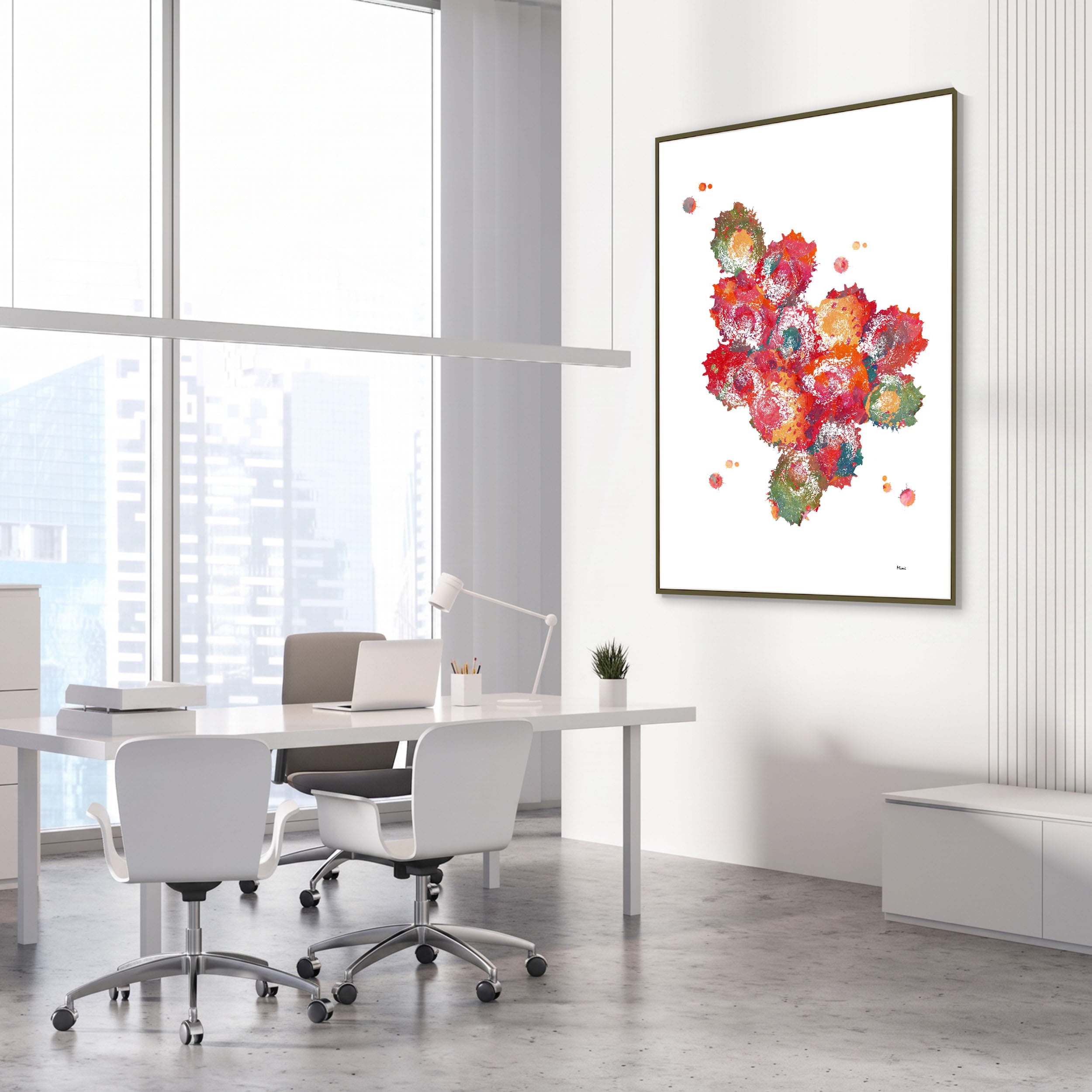 Framed bone tissue histology watercolor print in an orthopedic clinic