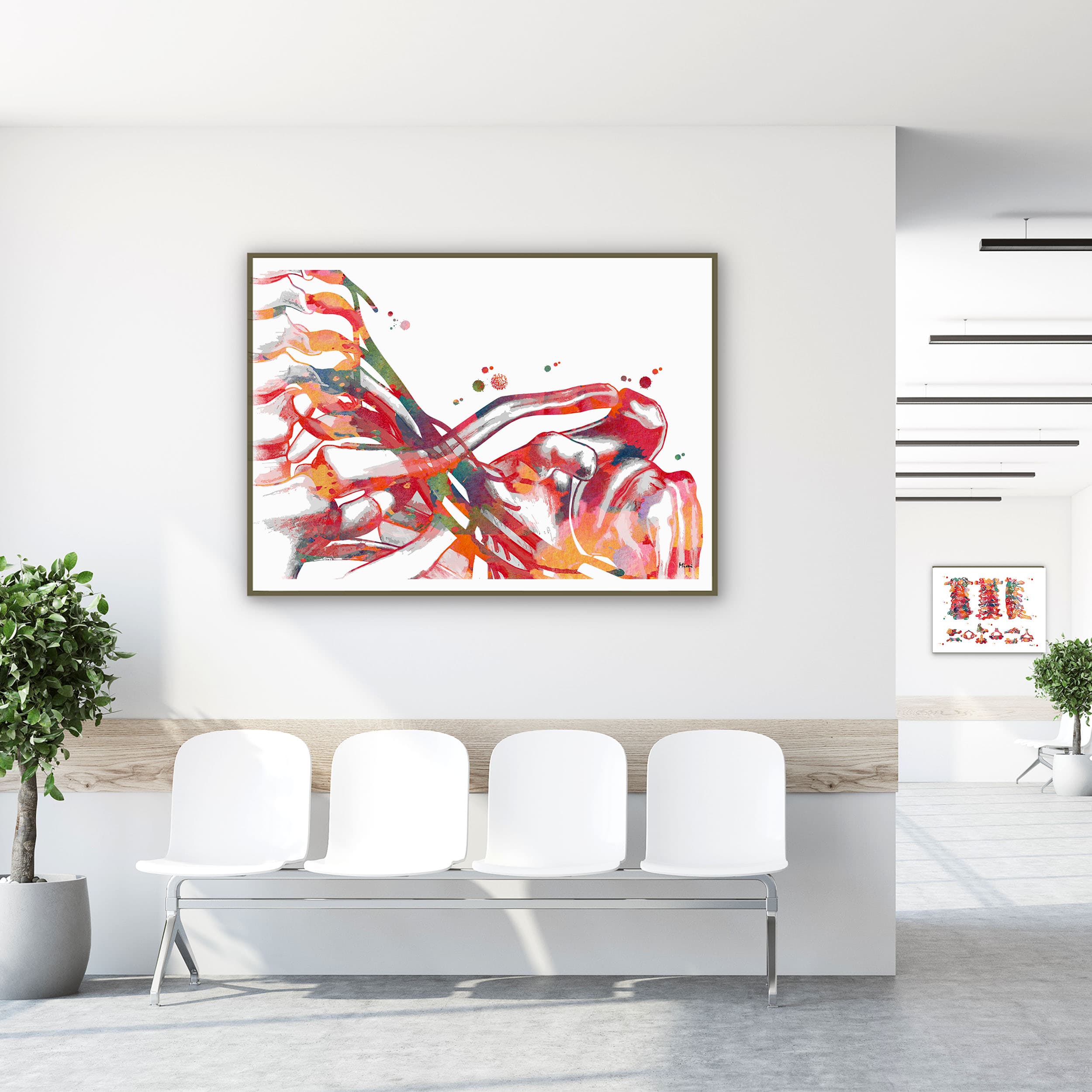 Framed brachial plexus watercolor print in a clinic waiting room