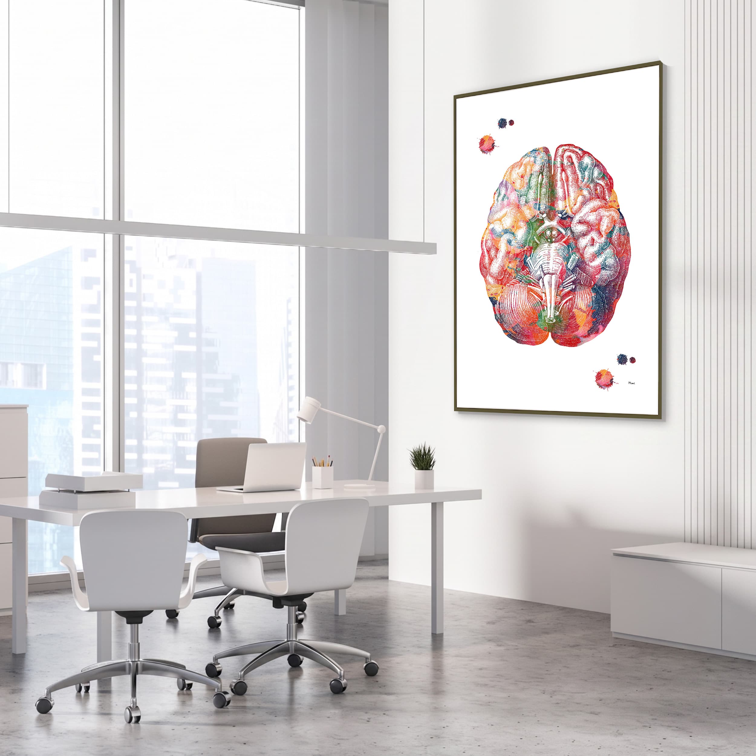 Framed brain bottom view anatomy watercolor print in a neurology clinic