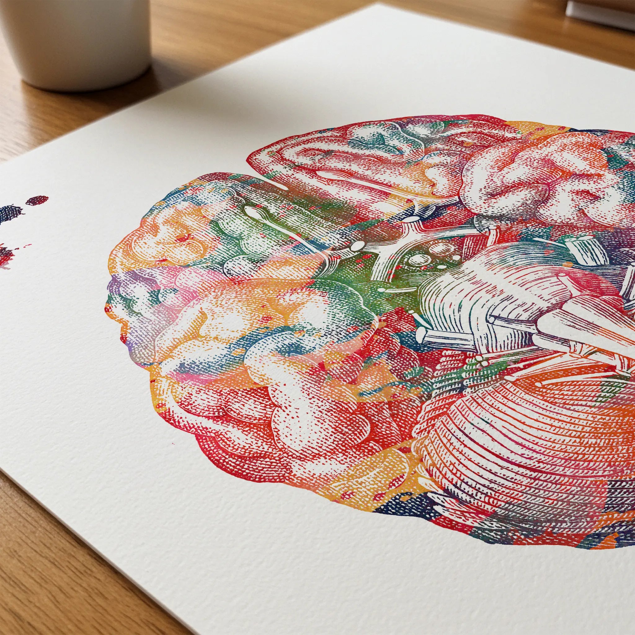 Close-up of brain bottom view anatomy watercolor print showing paper texture and grain
