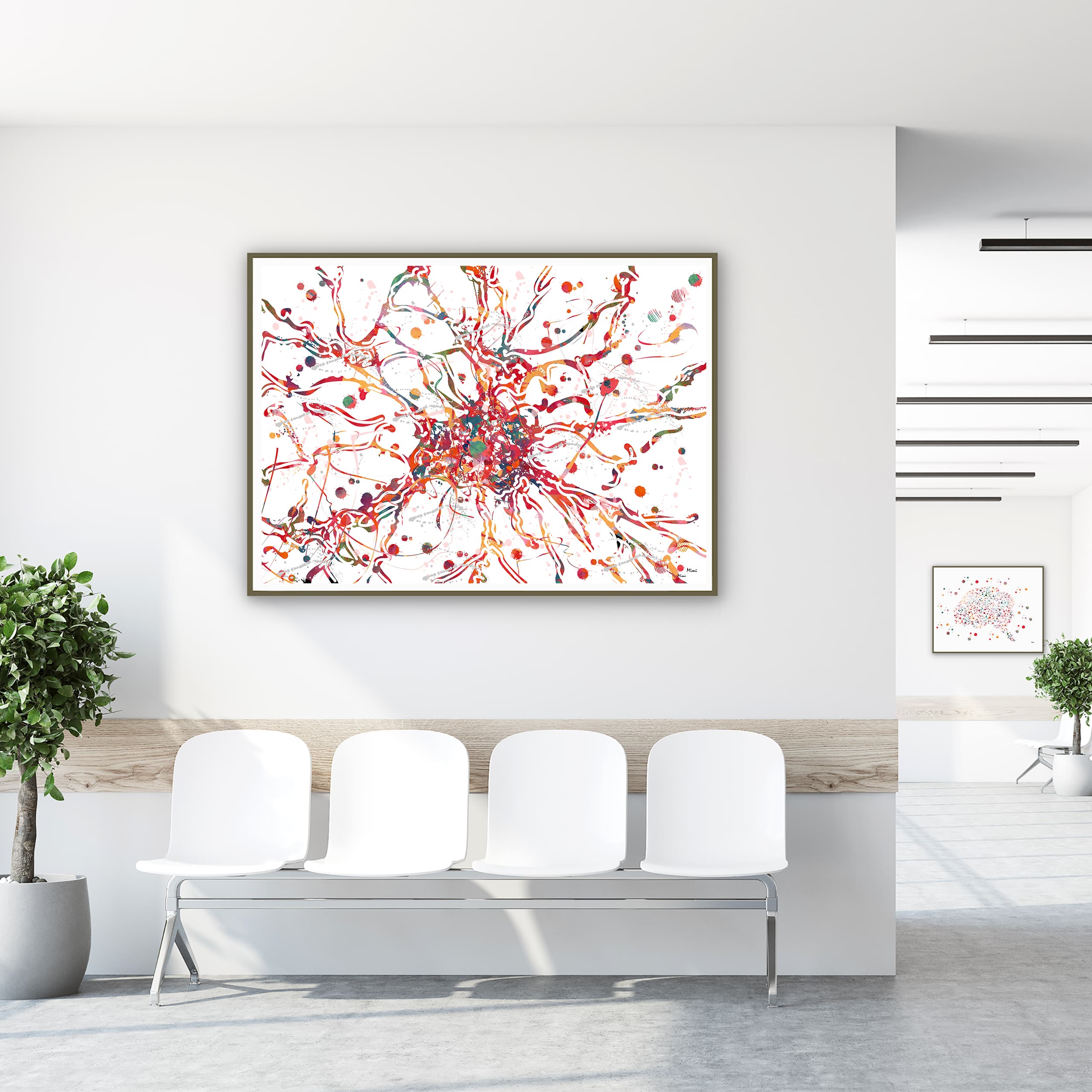 Framed brain cell nerve cell watercolor print in a clinic waiting room