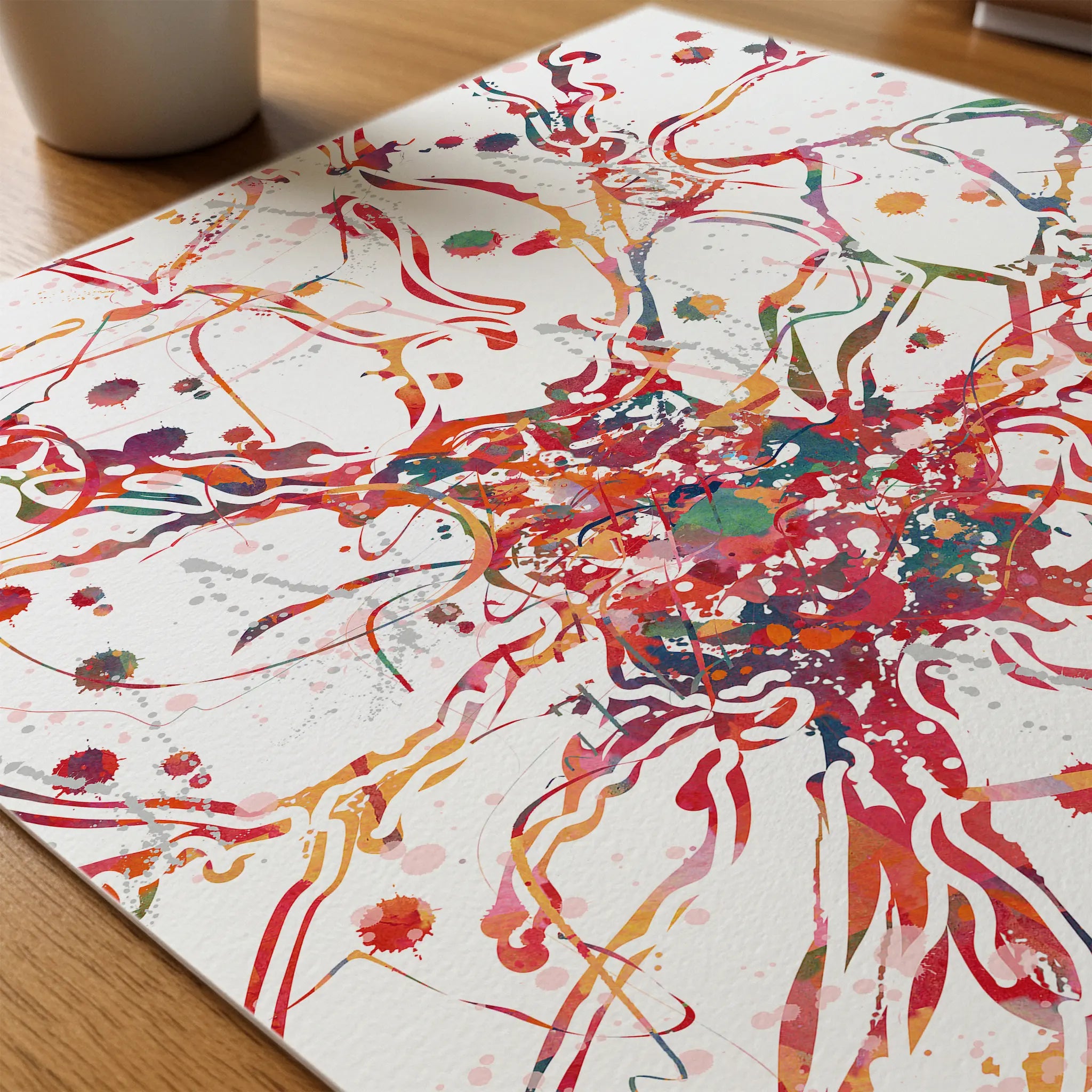 Close-up of brain cell nerve cell watercolor print showing paper texture and grain