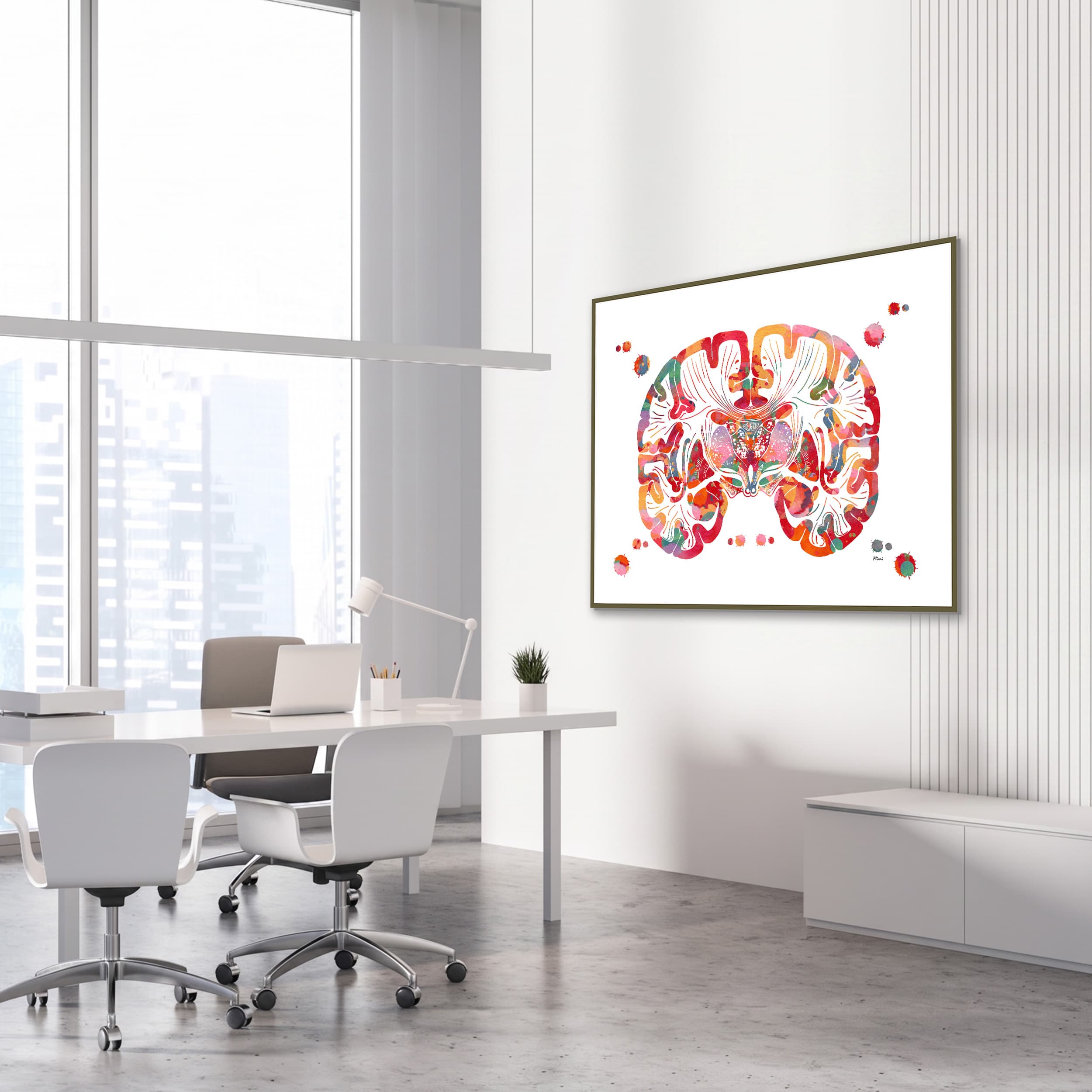 Framed brain coronal section anatomy watercolor print in a neurology clinic