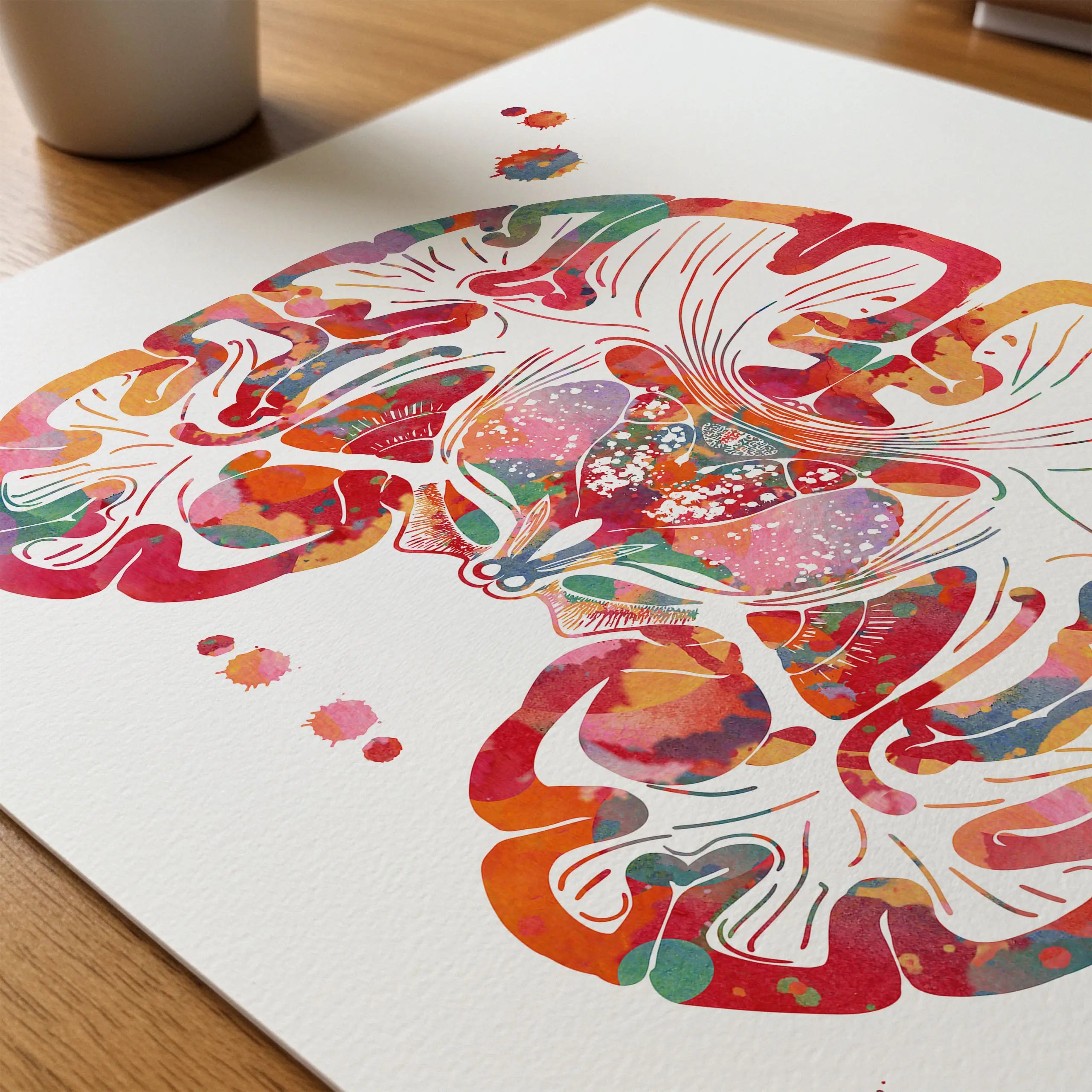 Close-up of brain coronal section anatomy watercolor print showing paper texture and grain