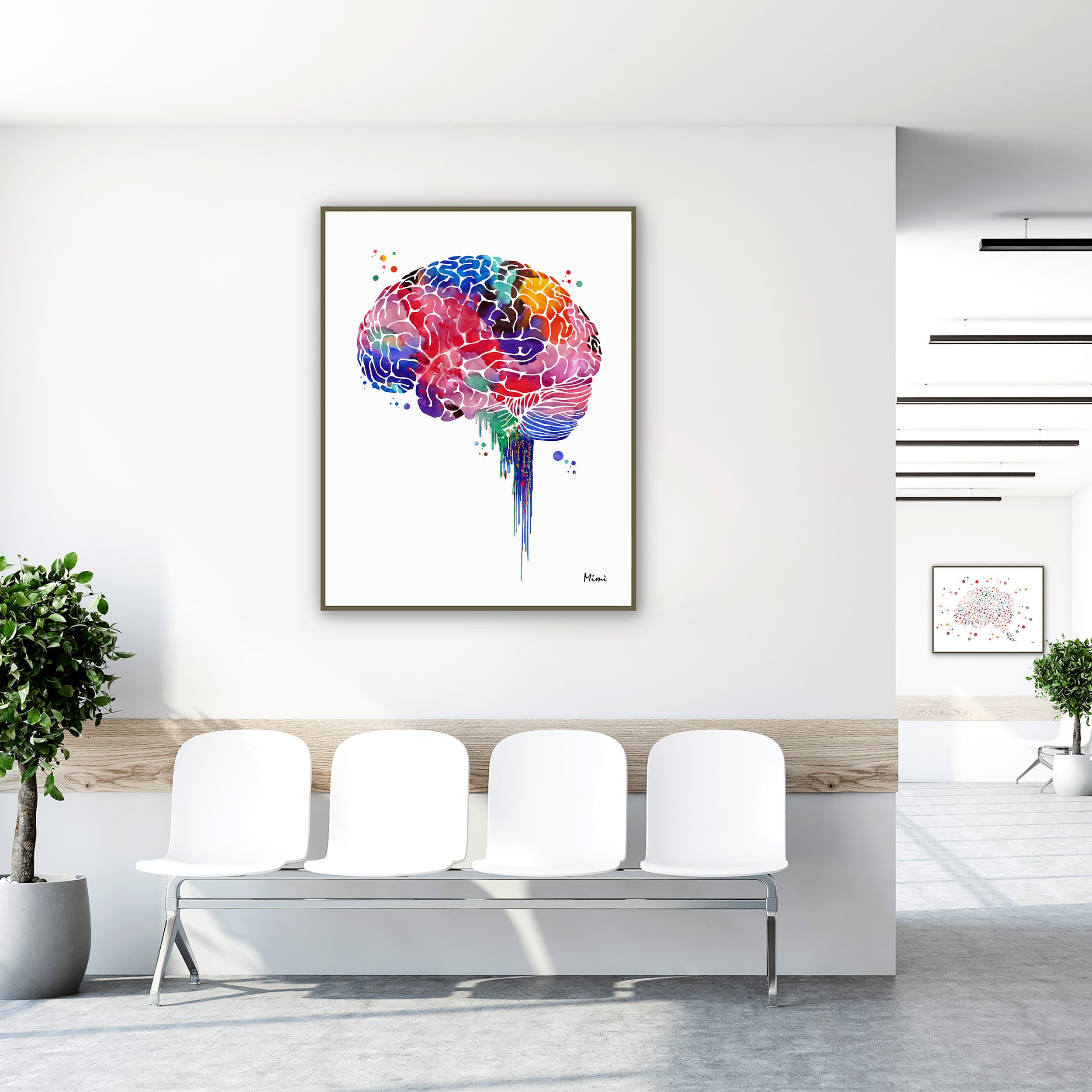 Framed brain lobes lateral view watercolor print in a clinic waiting room
