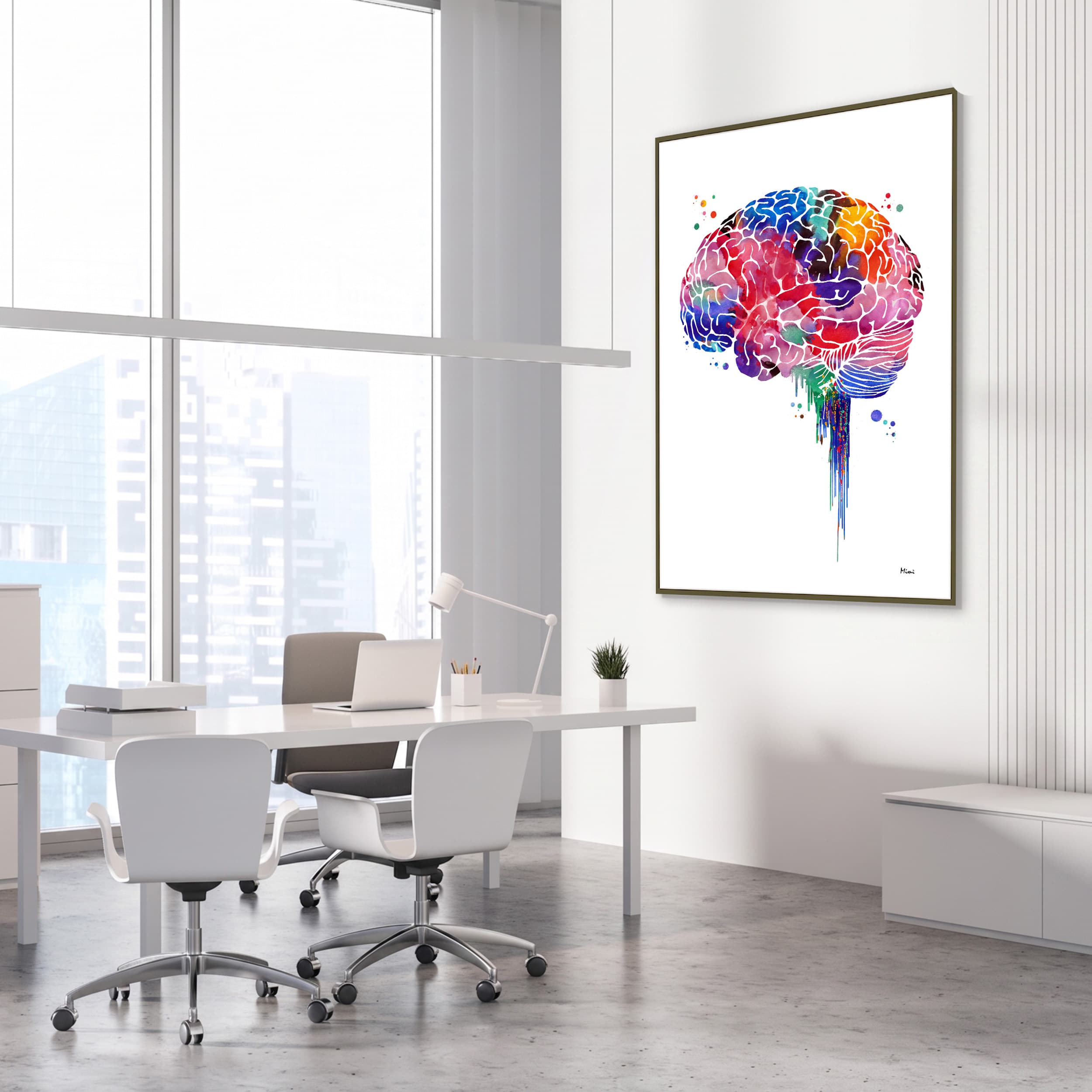 Framed brain lobes lateral view watercolor print in a neurology clinic