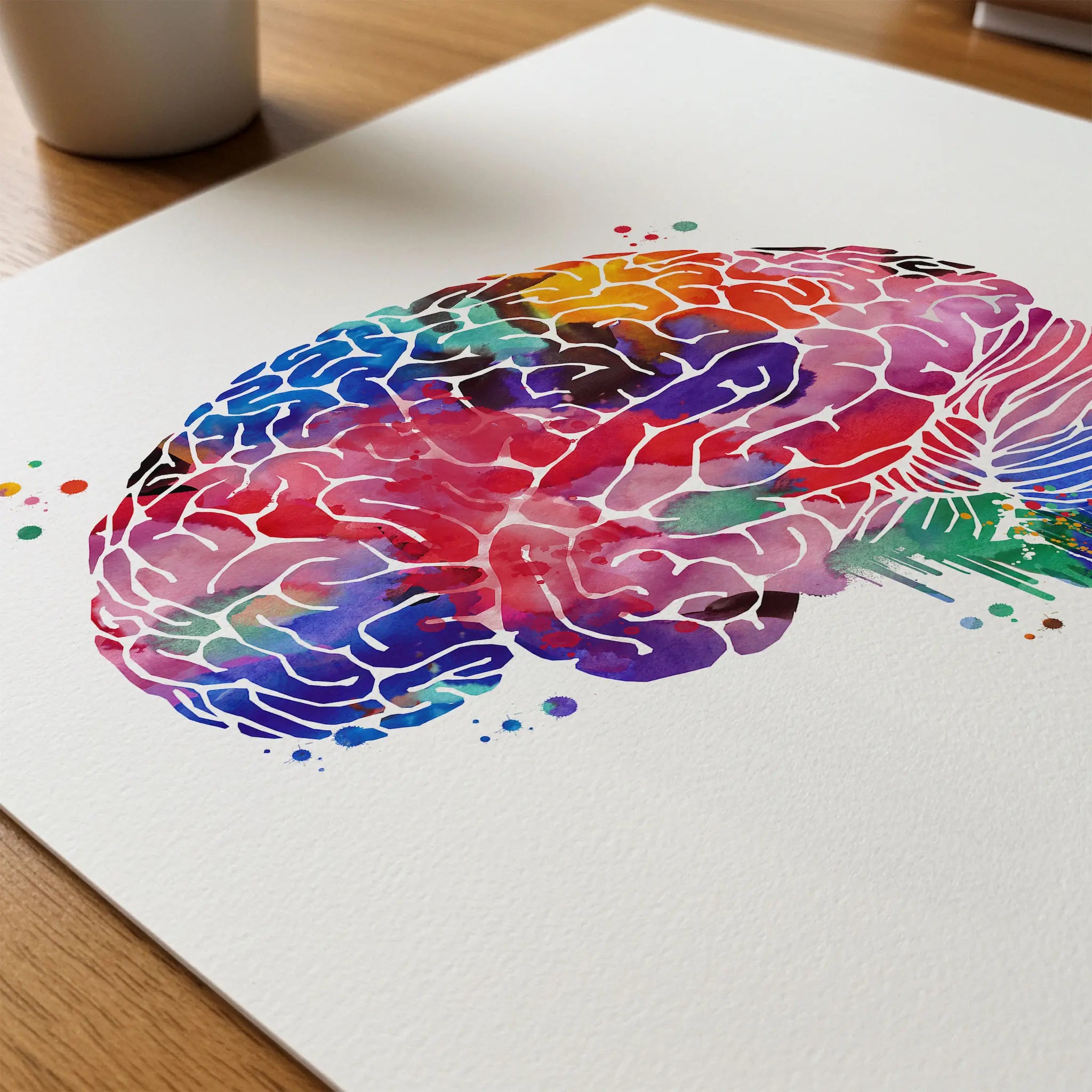 Close-up of brain lobes lateral view watercolor print showing paper texture and grain