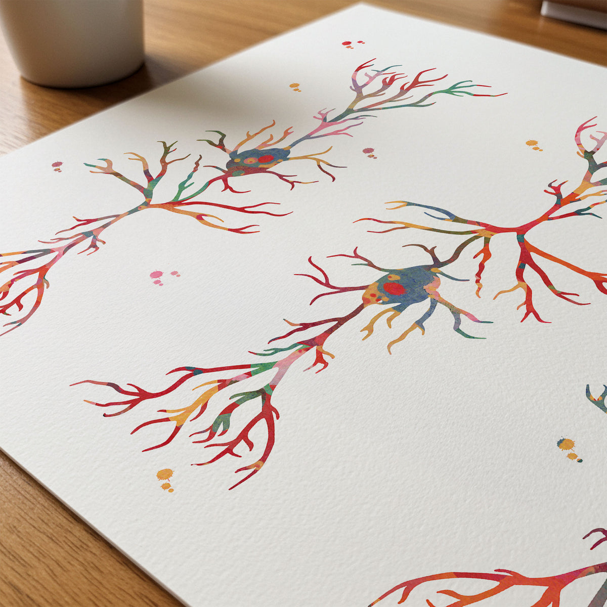 Close-up of brain pyramidal cells watercolor print showing paper texture and grain