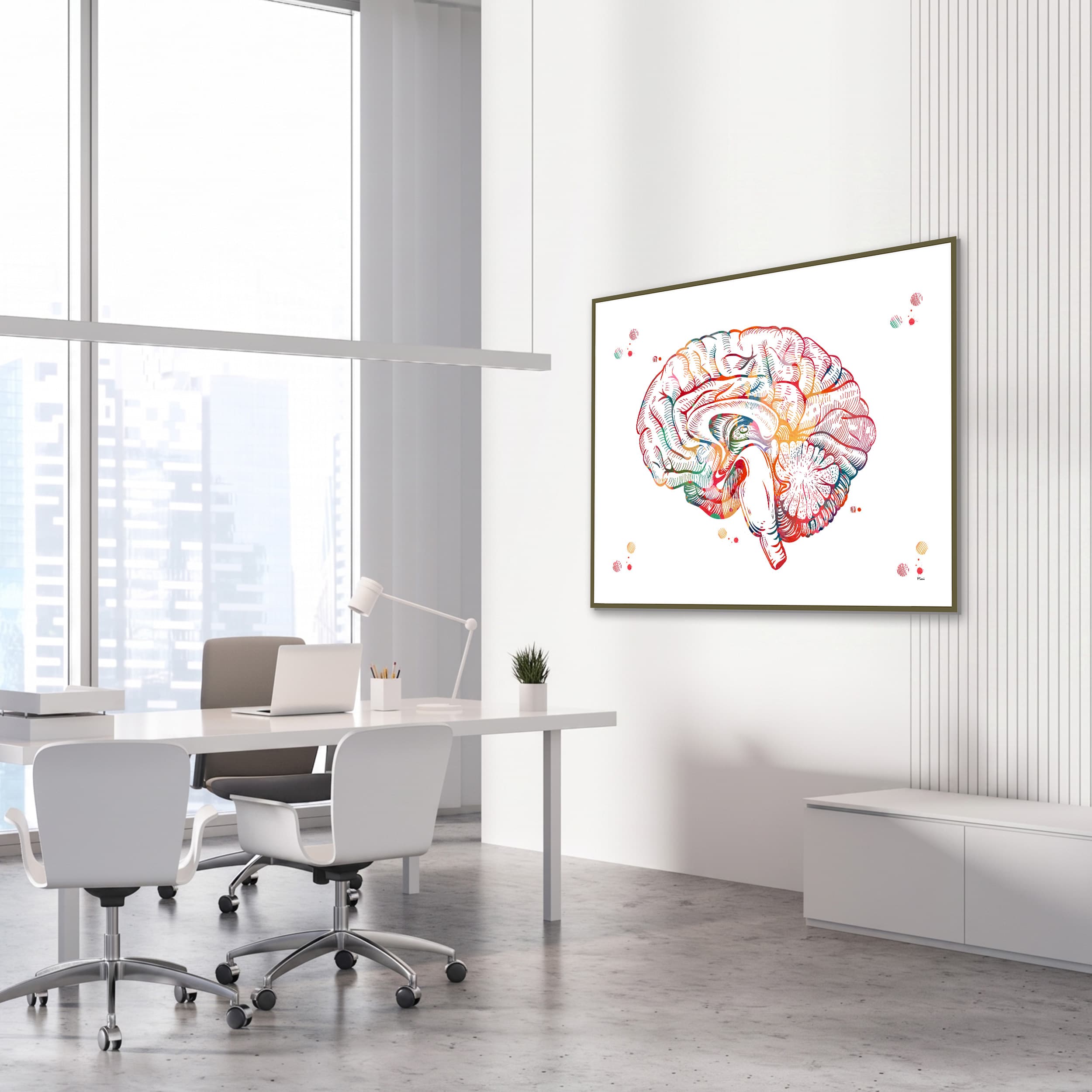 Framed brain sagittal section anatomy watercolor print in a neurology clinic