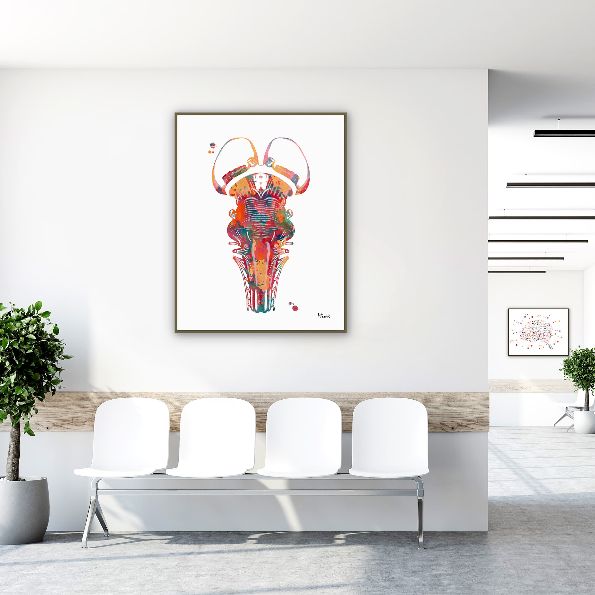 Framed brain stem & thalamus anatomy watercolor print in a clinic waiting room