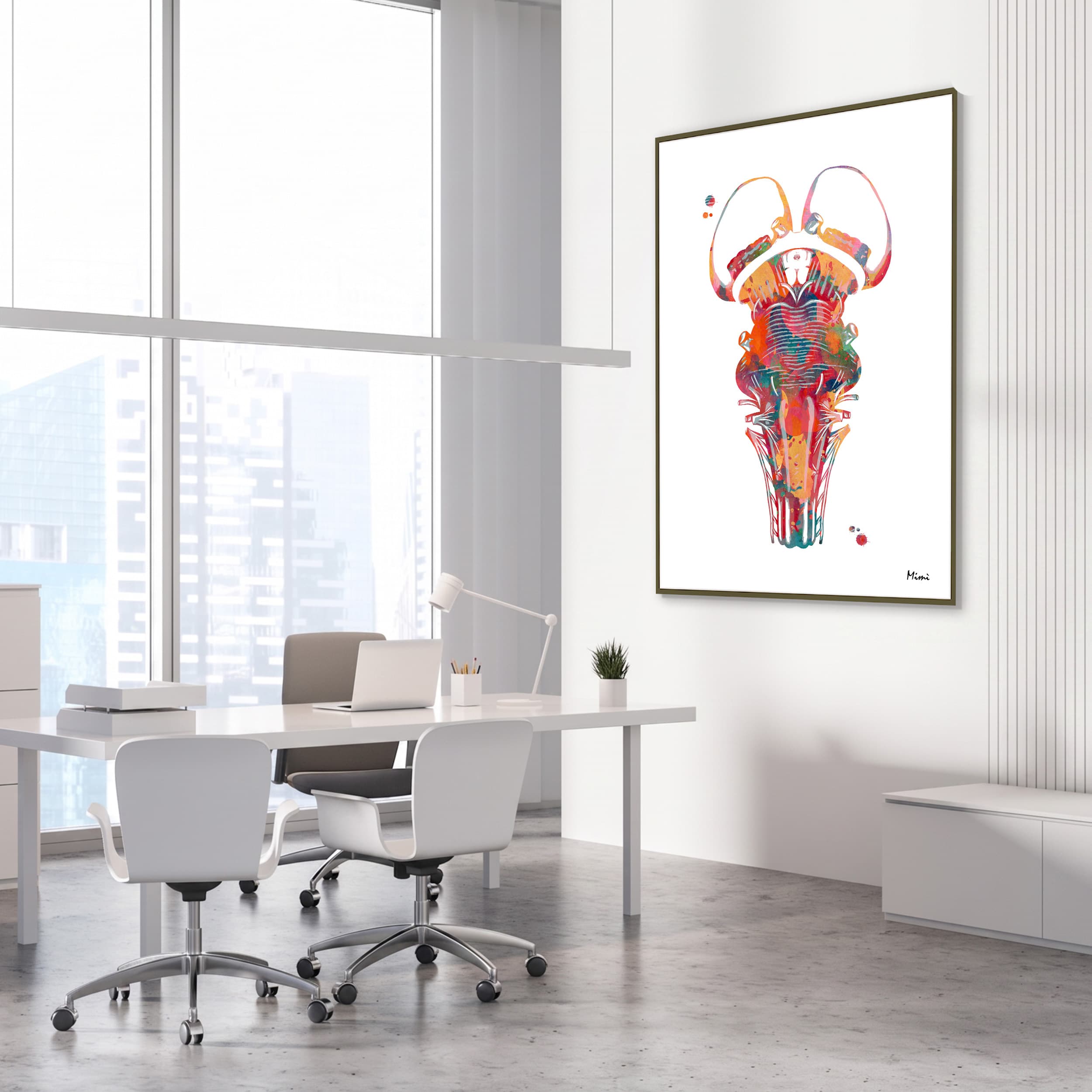 Framed brain stem & thalamus anatomy watercolor print in a neurology clinic