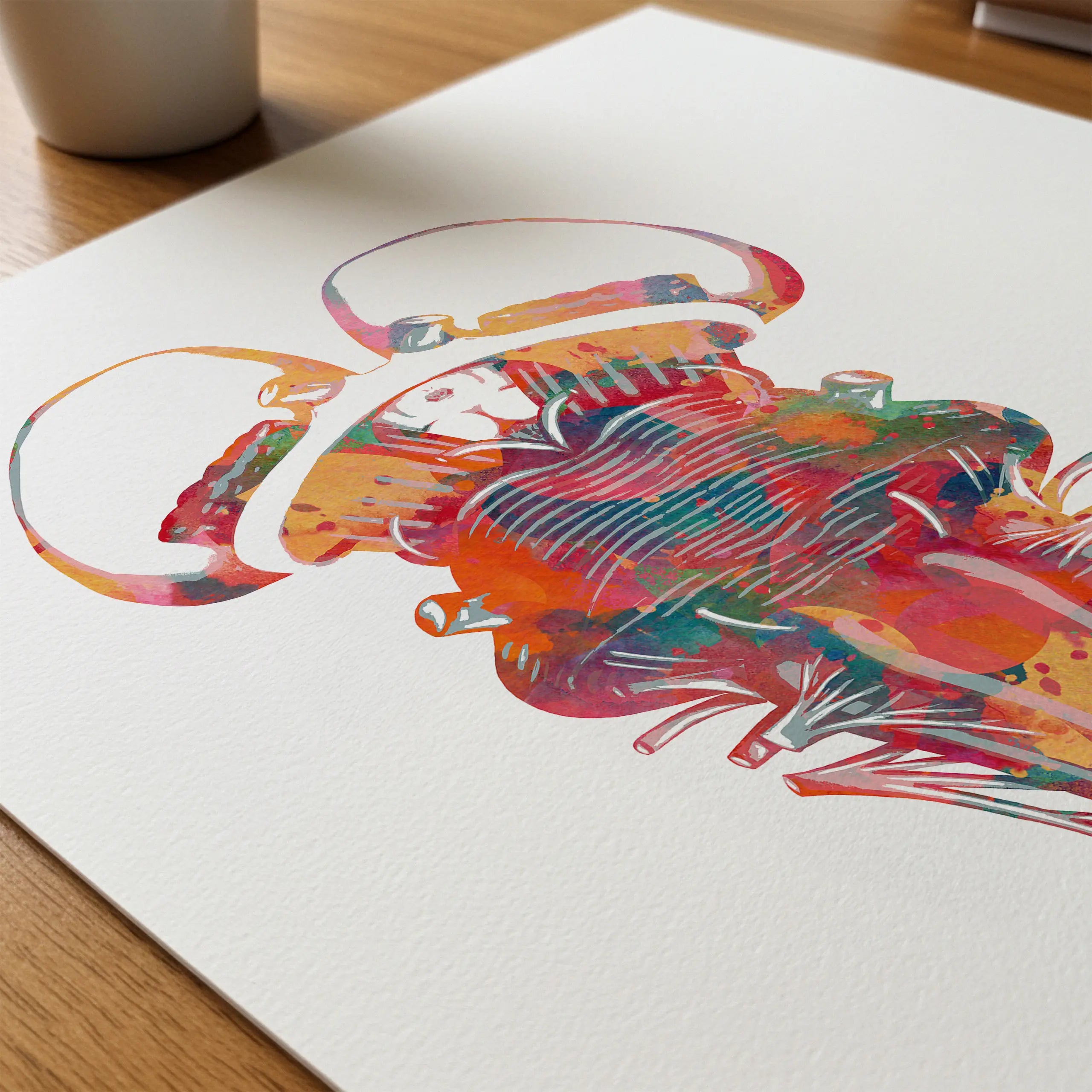 Close-up of brain stem & thalamus anatomy watercolor print showing paper texture and grain