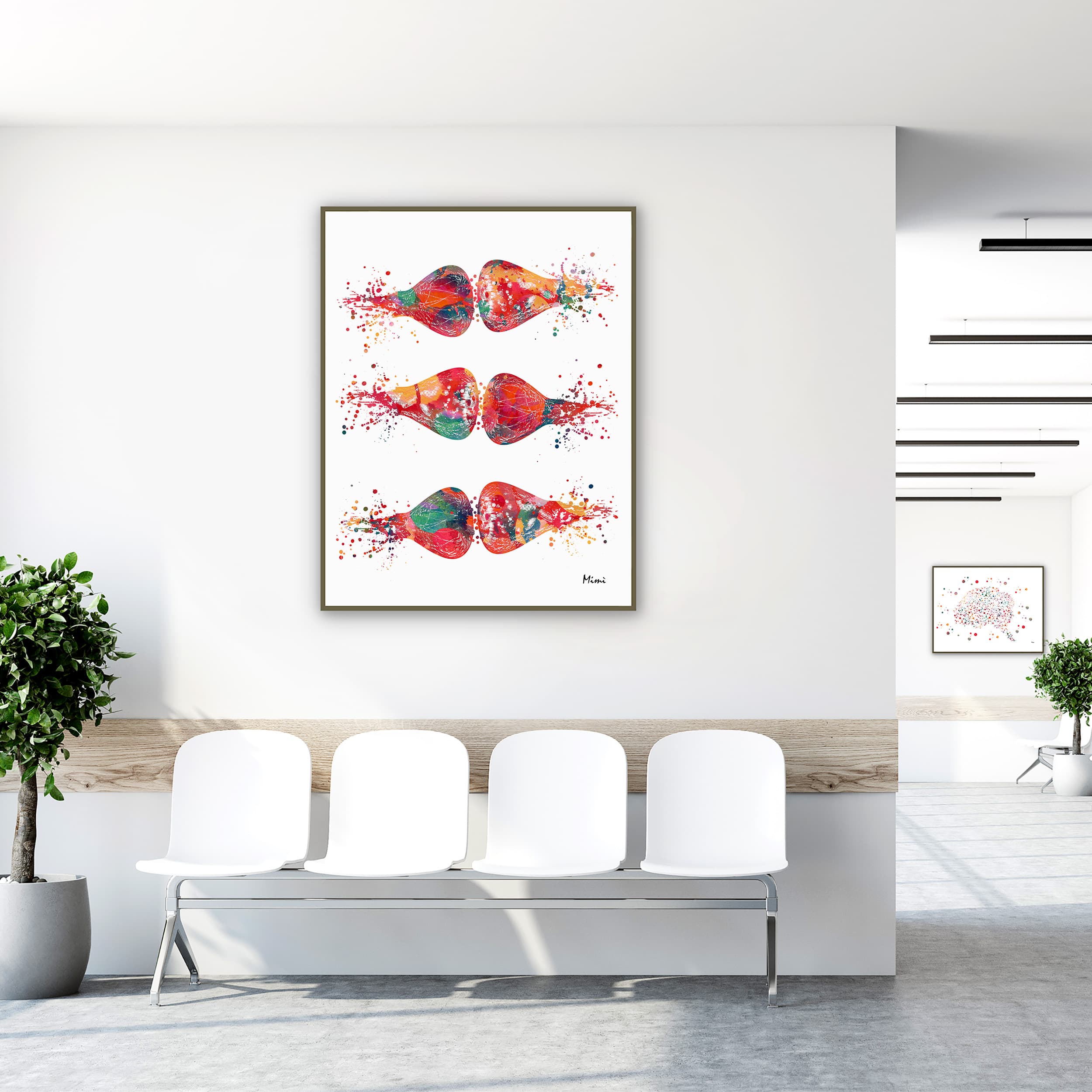 Framed brain synapses watercolor print in a clinic waiting room