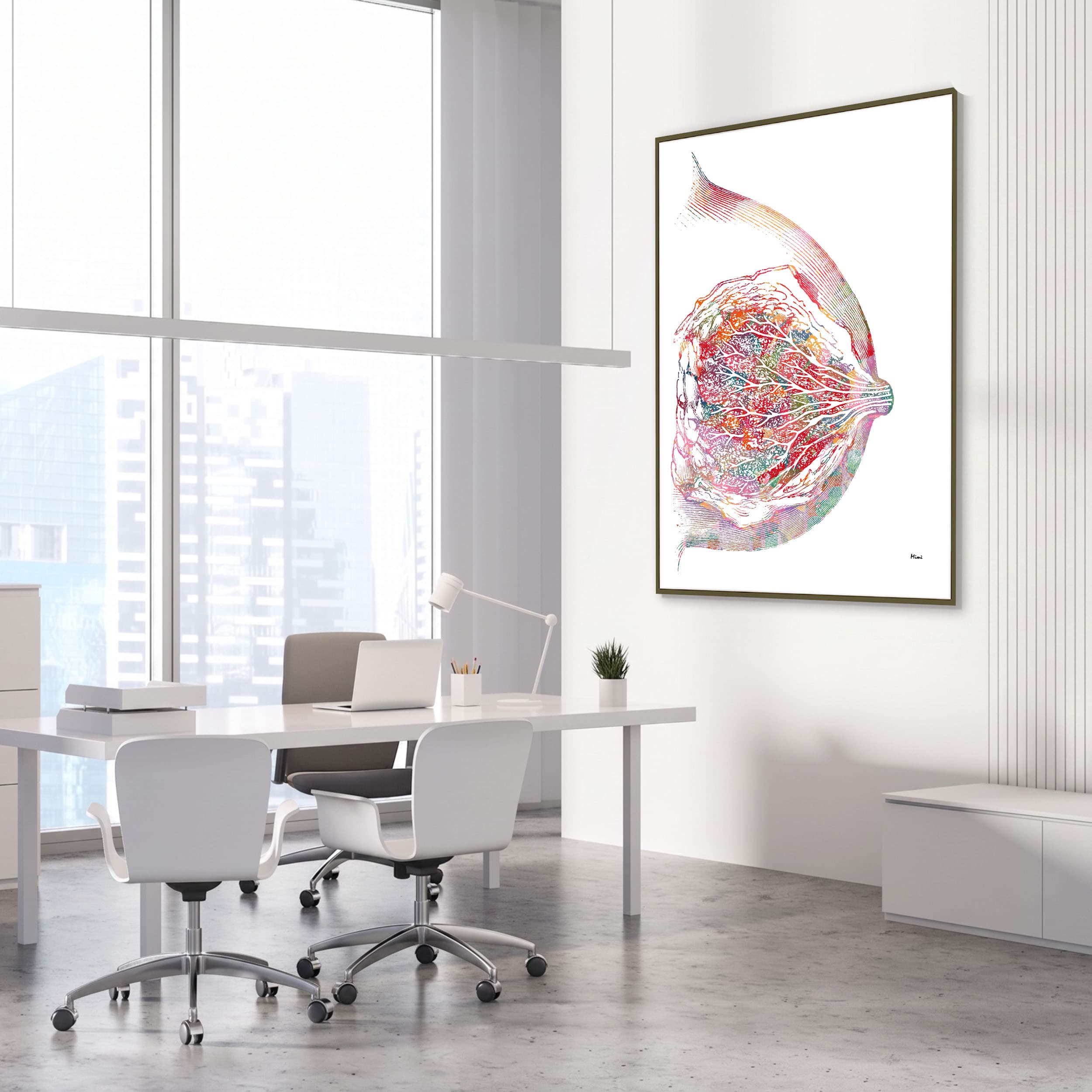 Framed breast & mammary gland anatomy watercolor print in an OB-GYN clinic