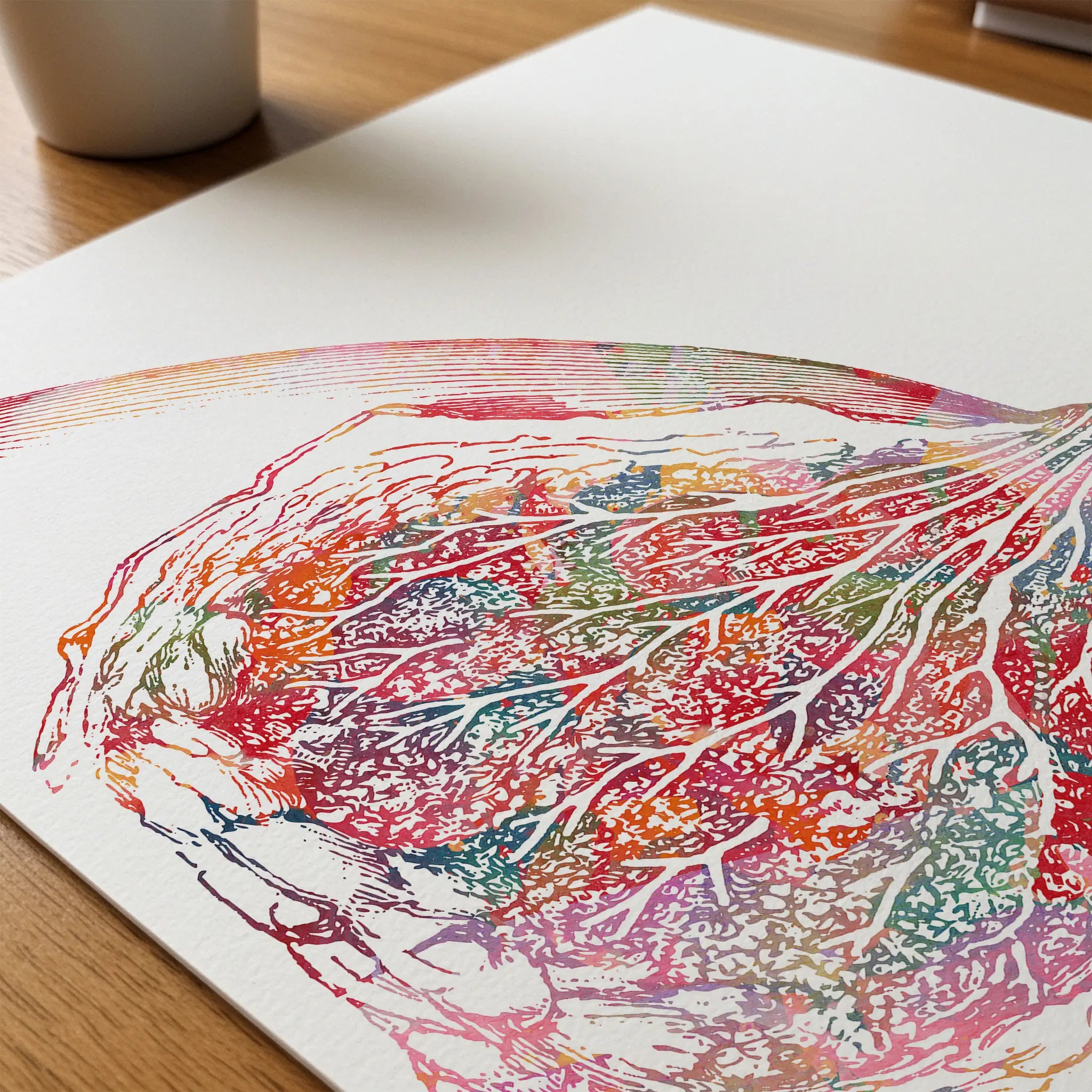 Close-up of breast & mammary gland anatomy watercolor print showing paper texture and grain