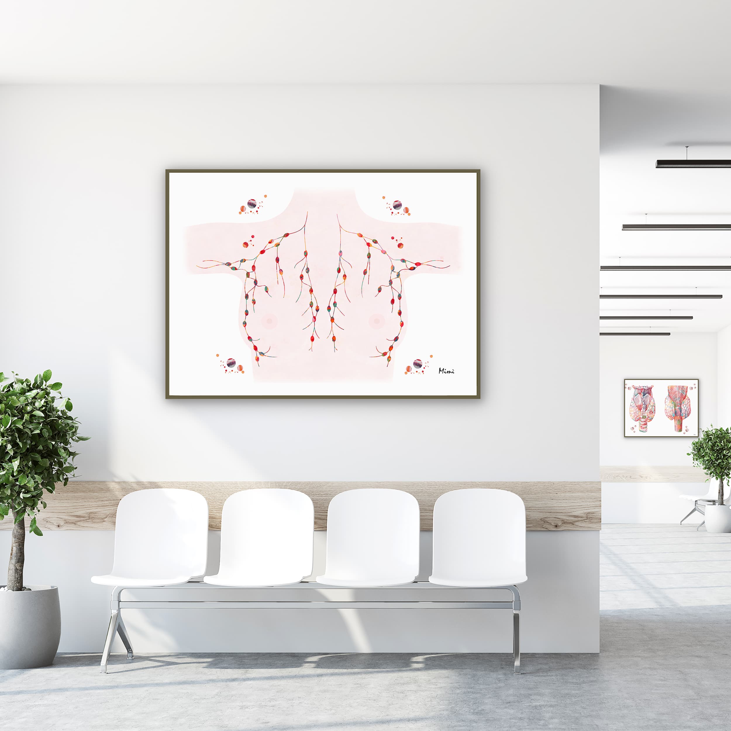 Framed breast lymph nodes watercolor print in a clinic waiting room