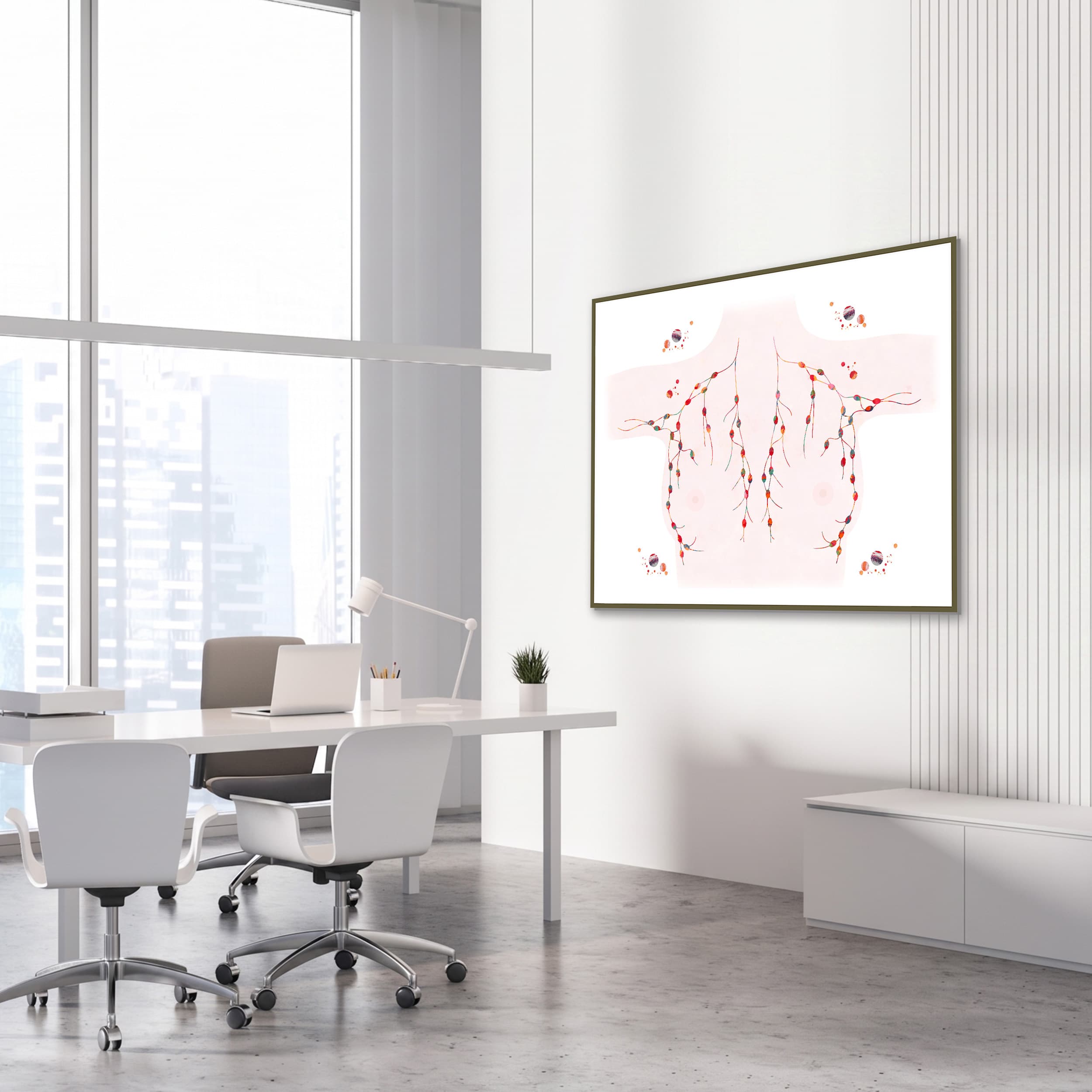 Framed breast lymph nodes watercolor print in an endocrinology clinic