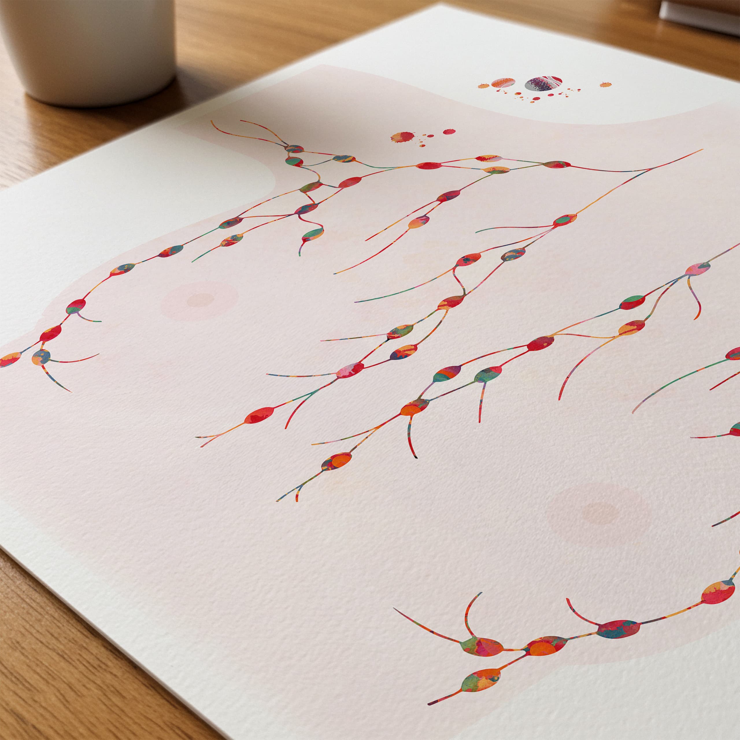 Close-up of breast lymph nodes watercolor print showing paper texture and grain