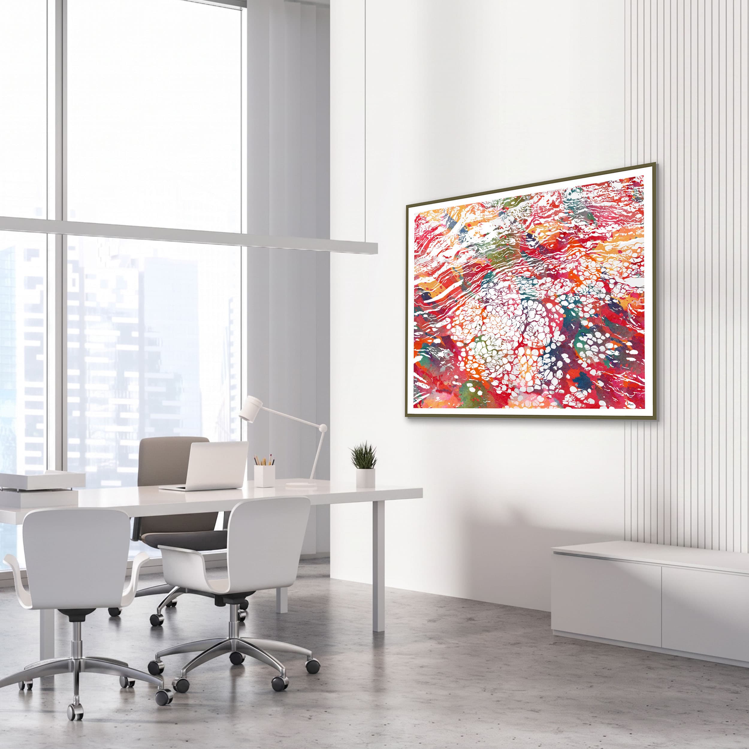 Framed breast tissue histology watercolor print in an OB-GYN clinic