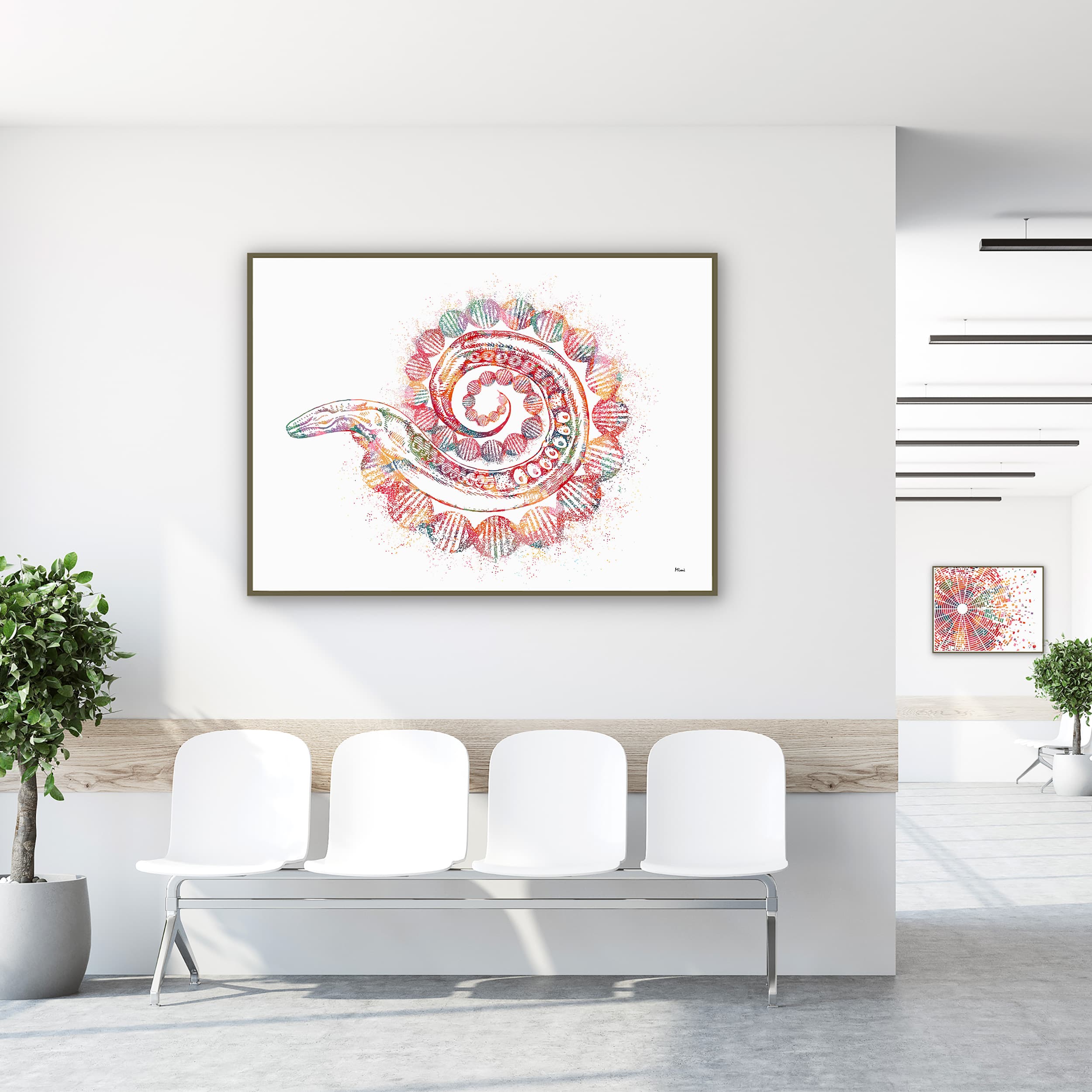 Framed c. elegans & dna abstract science watercolor print in a clinic waiting room