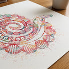 Close-up of c. elegans & dna abstract science watercolor print showing paper texture and grain
