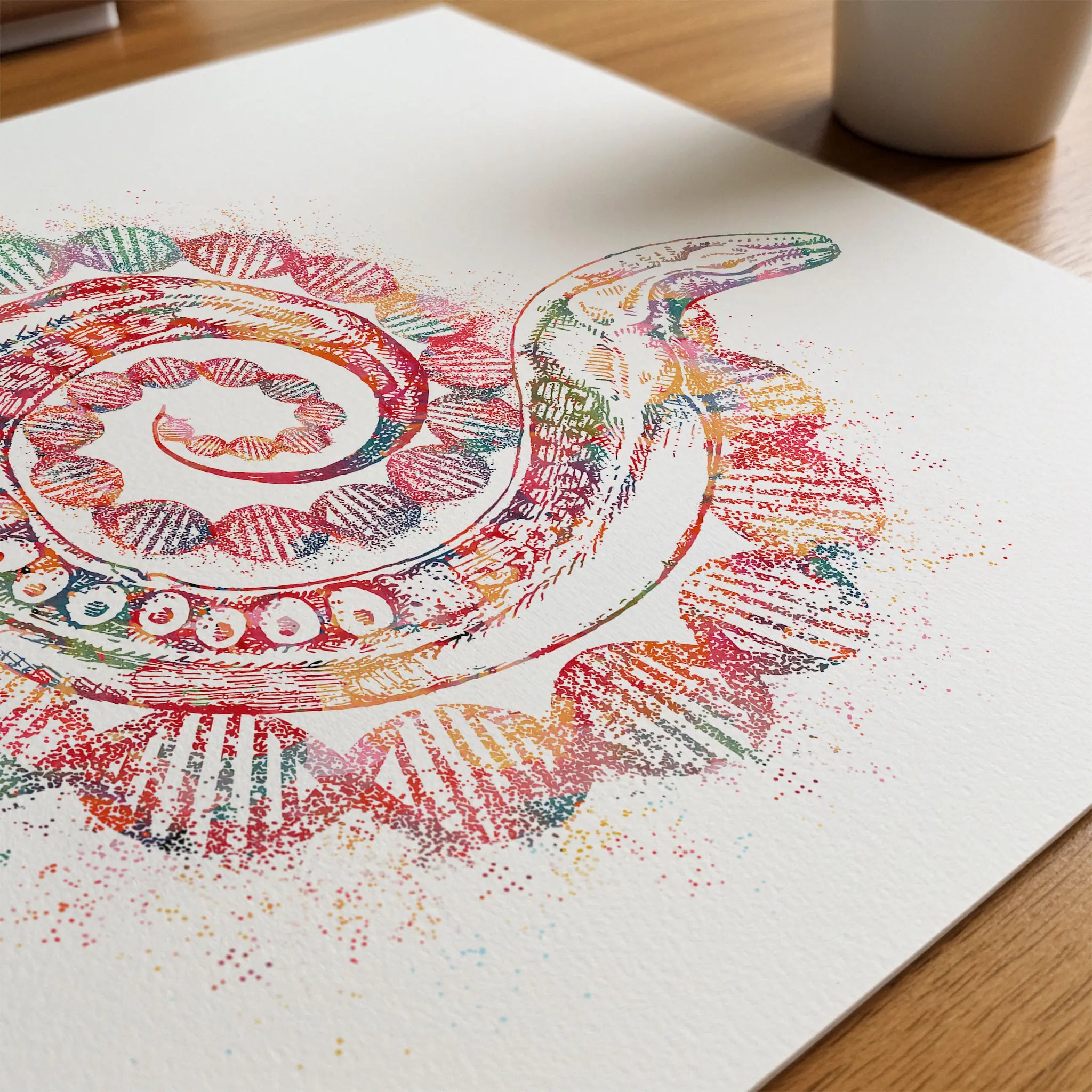 Close-up of c. elegans & dna abstract science watercolor print showing paper texture and grain