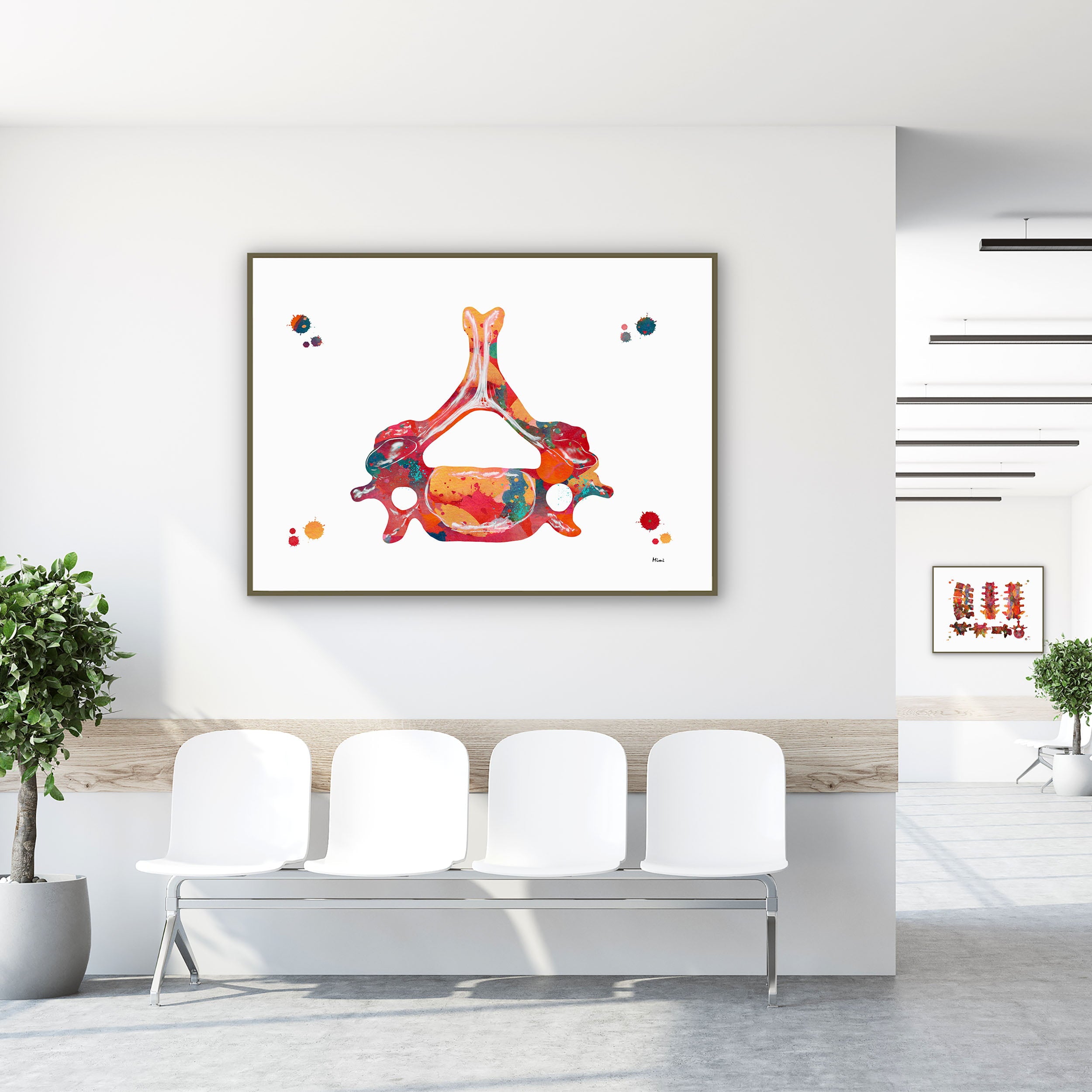Framed c6 vertebra detail watercolor print in a clinic waiting room