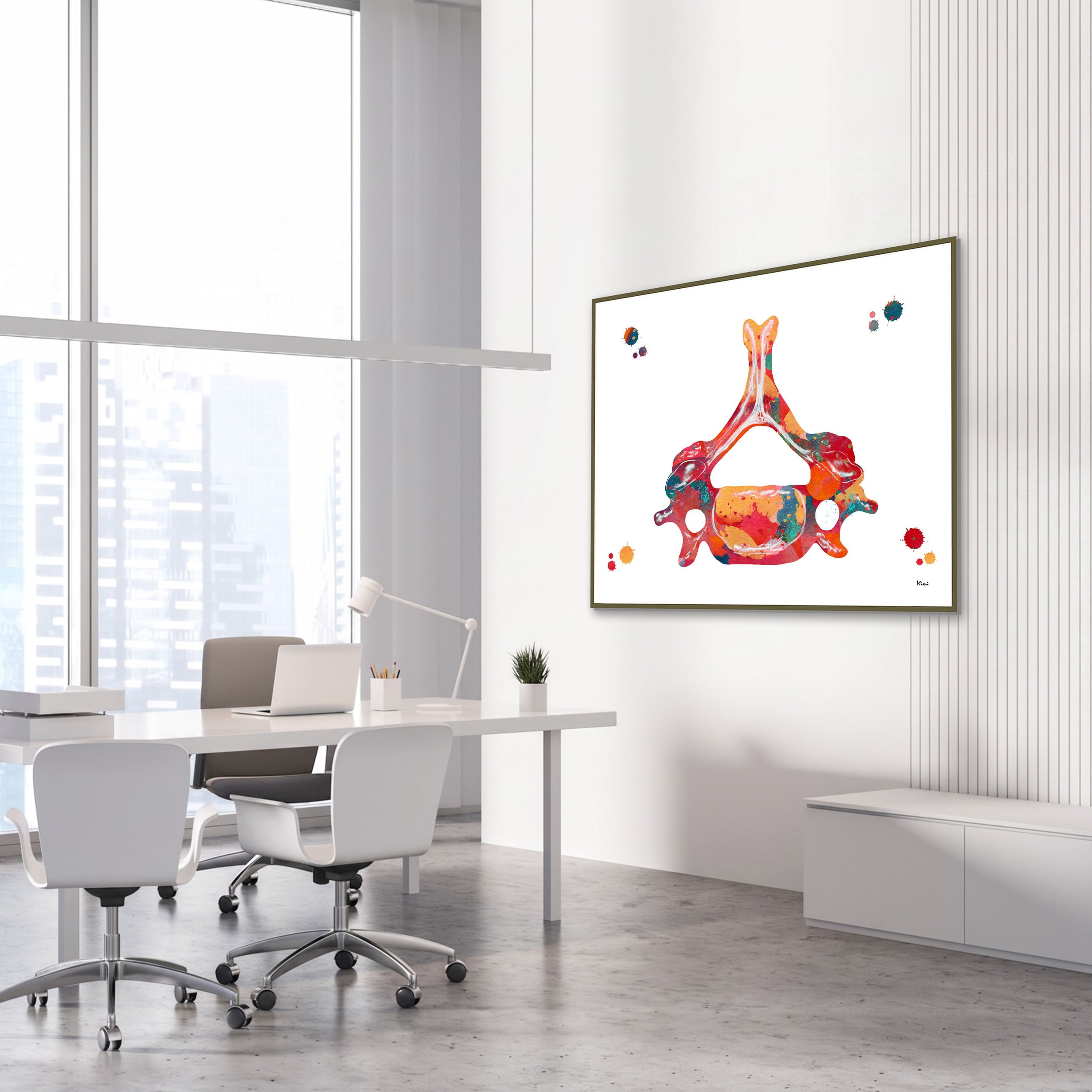 Framed c6 vertebra detail watercolor print in an orthopedic clinic