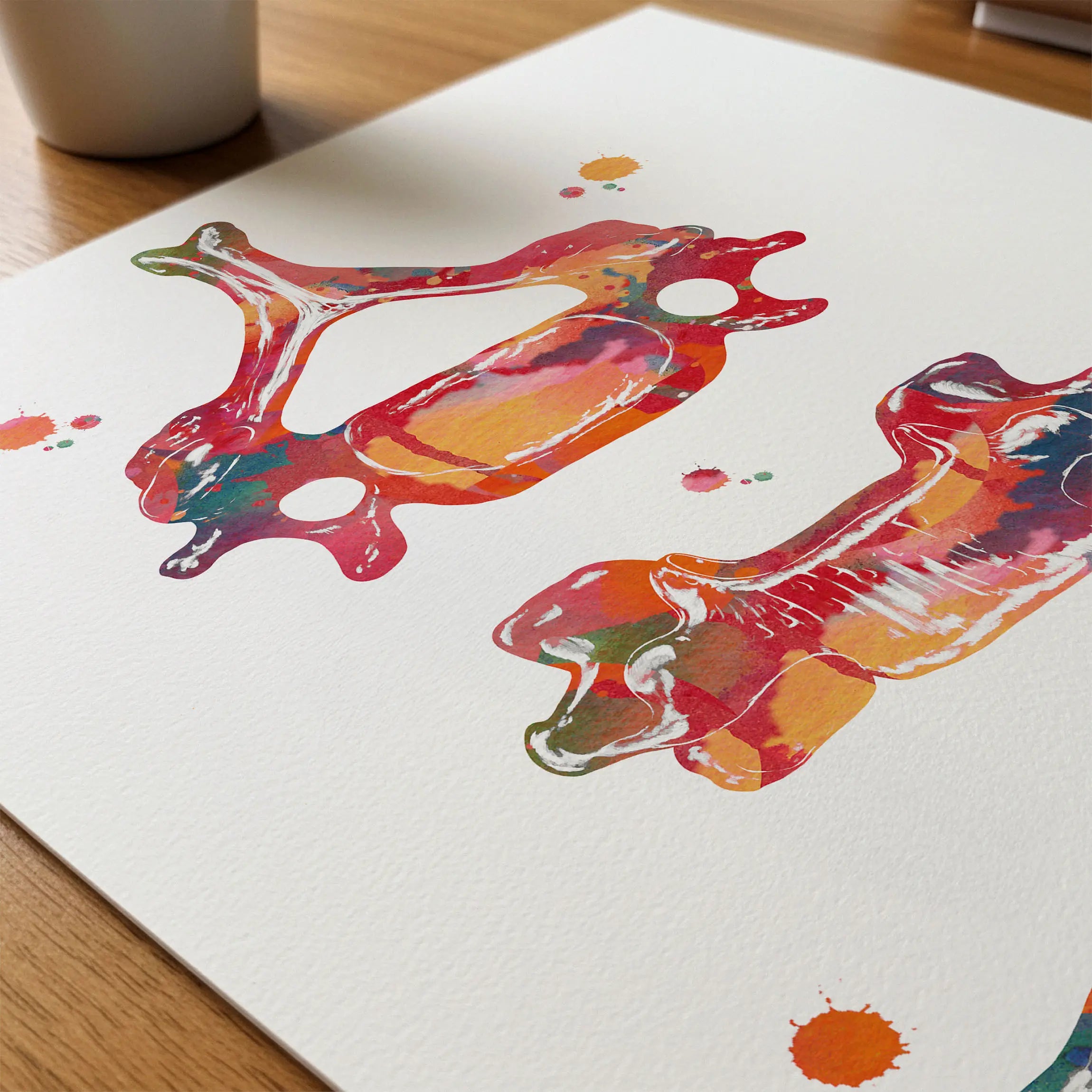 Close-up of c6 vertebra multi-view watercolor print showing paper texture and grain