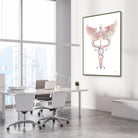 Framed caduceus symbol watercolor print in a medical office