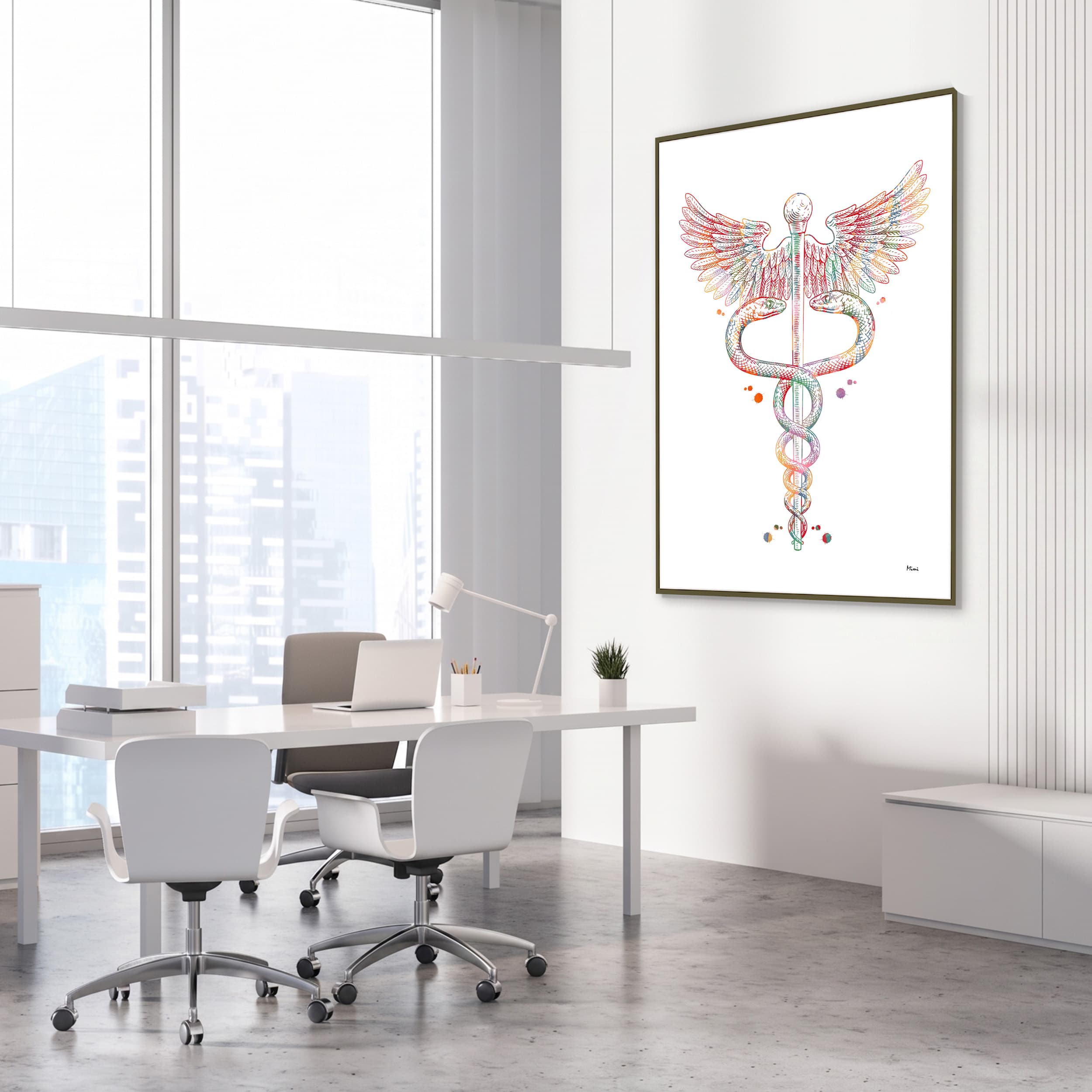 Framed caduceus symbol watercolor print in a medical office